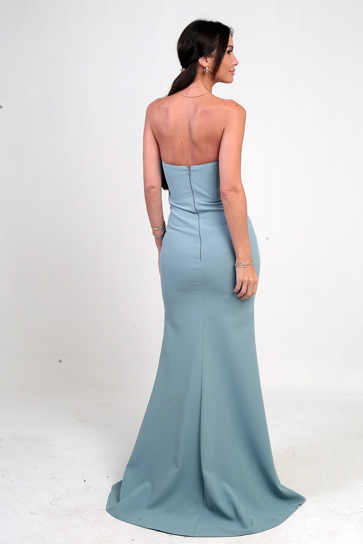 Image of Women's Long Crepe Dress with Draped Front and Stone Embellishments