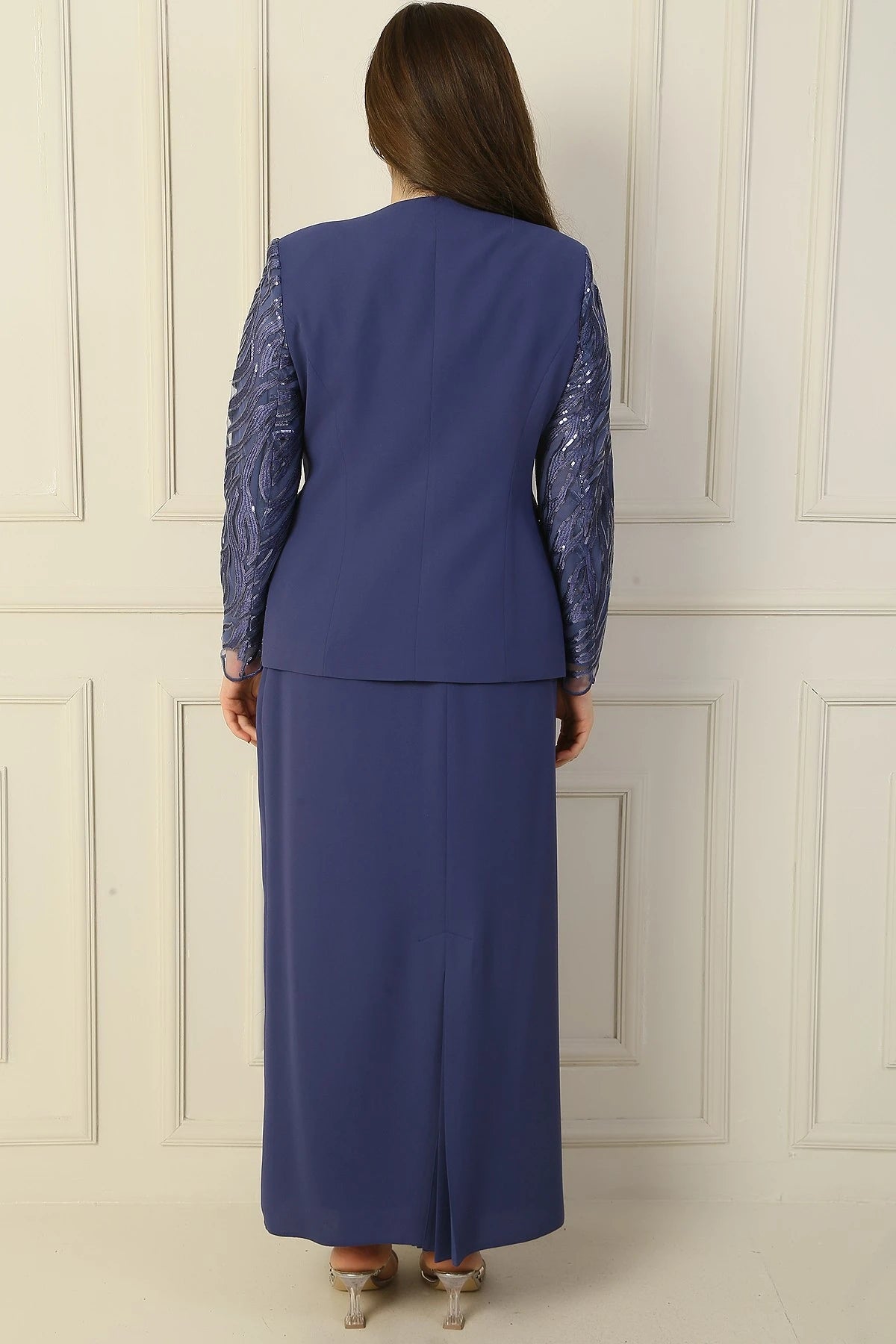 Image of Three-Piece Set: Half-Moon Sleeve Blouse, Sequin Embroidered Jacket and Skirt with Bead Details, Lined, Plus Size.