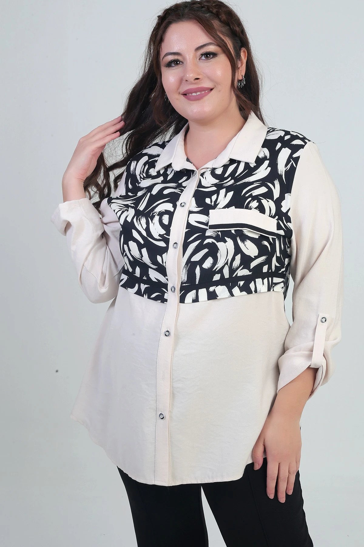 Image of Women's Plus Size Shirt with Fold-Up Sleeves, Brush Pattern, and Pocket Flaps