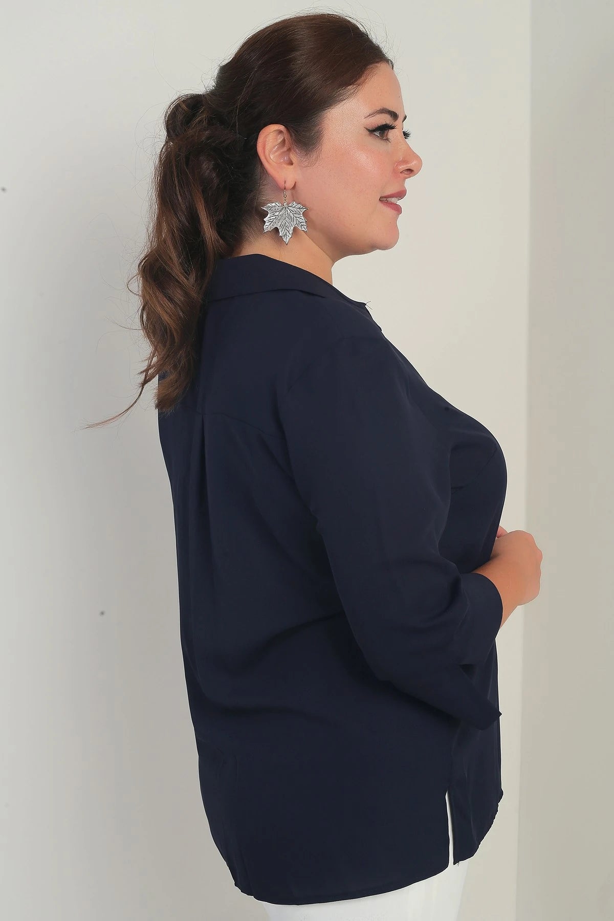 Image of Polo Yaka Çeyrek Kol Büyük Beden Bluz