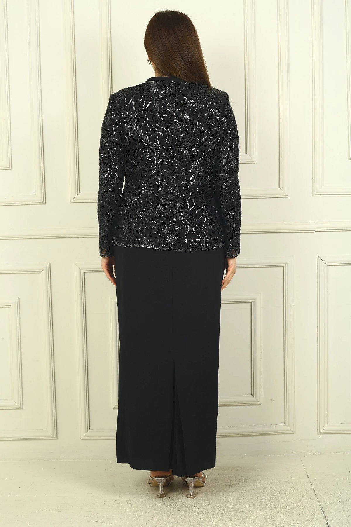 Image of Women's Sequin Embellished Beaded Tulle Jacket, Half-Moon Sleeve Long Dress, Lined Crepe, Plus Size 2-Piece Set
