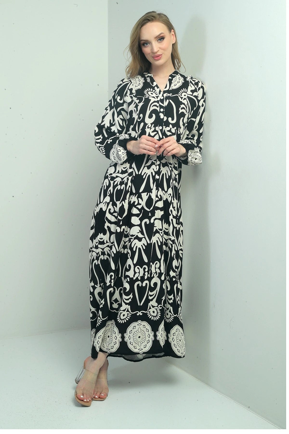 Image of Women's Mandarin Collar, Button-Front, Elasticated Cuff, Shawl Pattern Long Hijab Dress