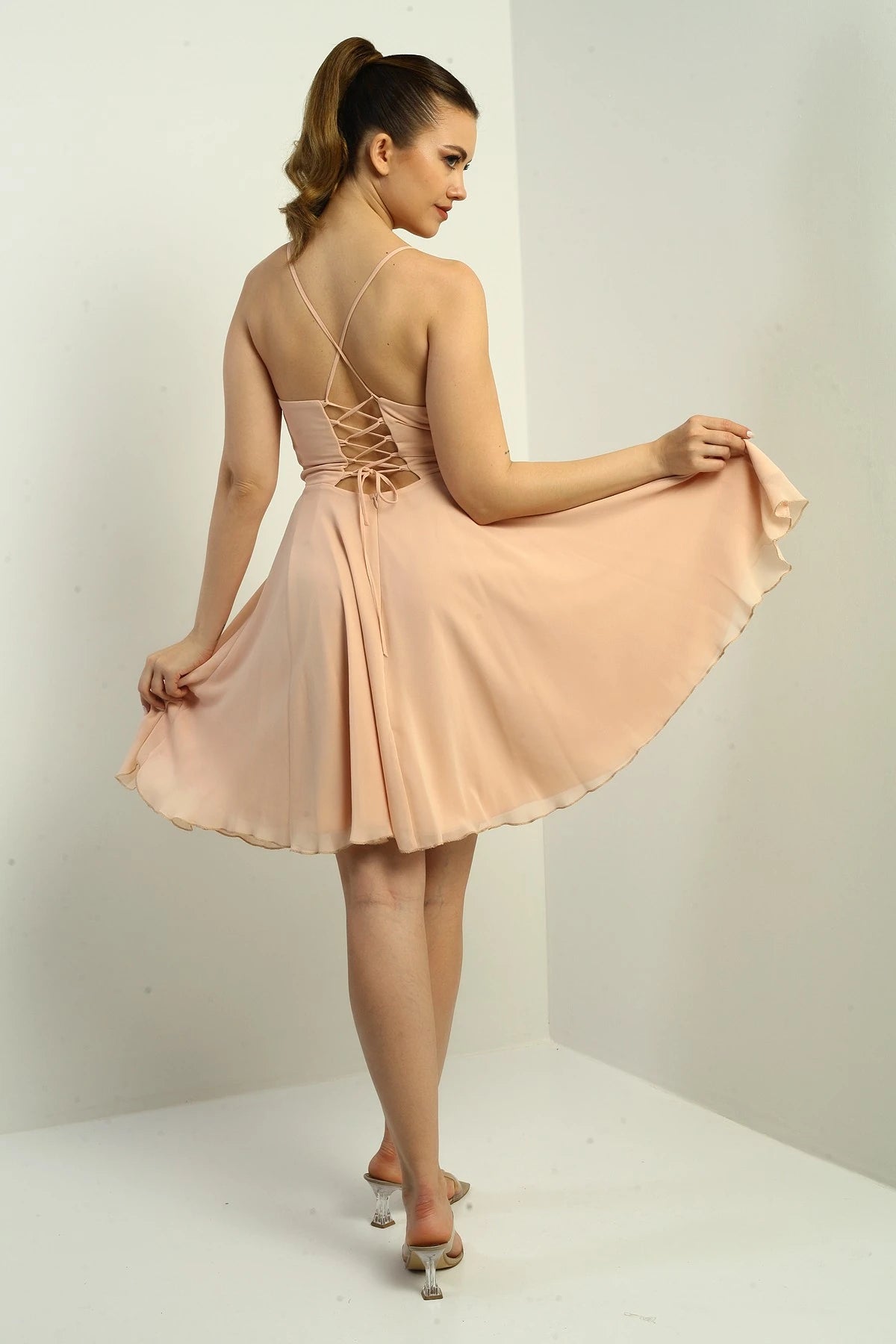 Image of Women's Strappy, Back-Tie, Front-Opening, Lined Chiffon Short Flared Dress
