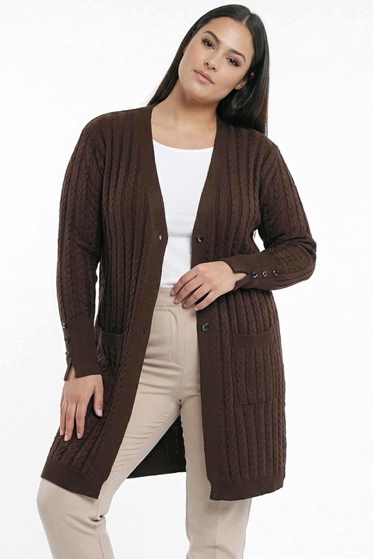 Image of Women's Cable Knit Mercerized Lycra Plus Size Cardigan
