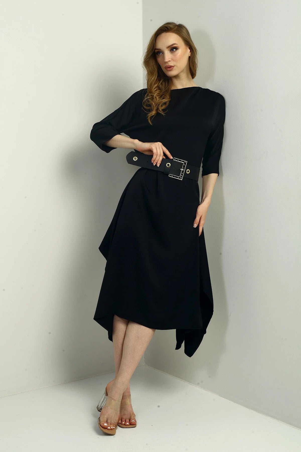 Image of Women's Quarter Sleeve Asymmetrical Crepe Satin Midi Dress with Belted Waist