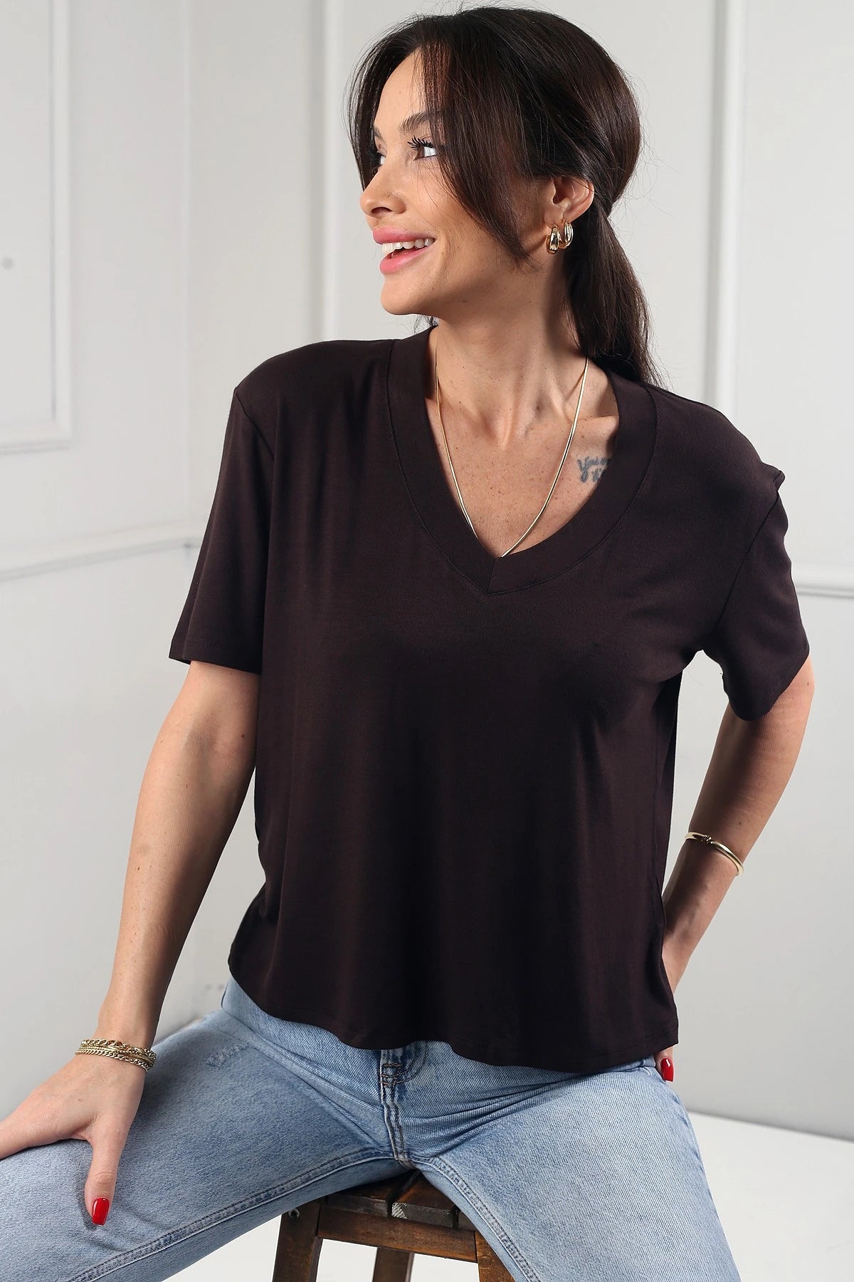 Image of Women's Interlock V-Neck Lycra Loose-Fitting Blouse