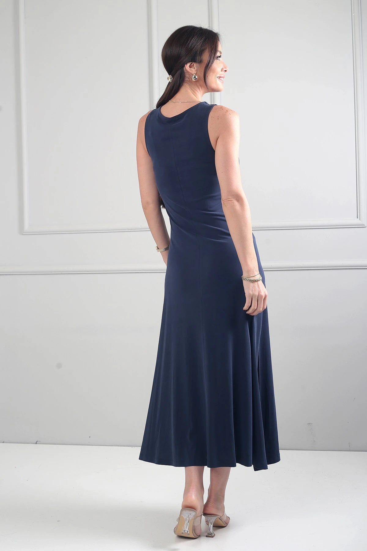 Image of Women's Round Neck Long Dress with Side Slits and Lycra Fabric