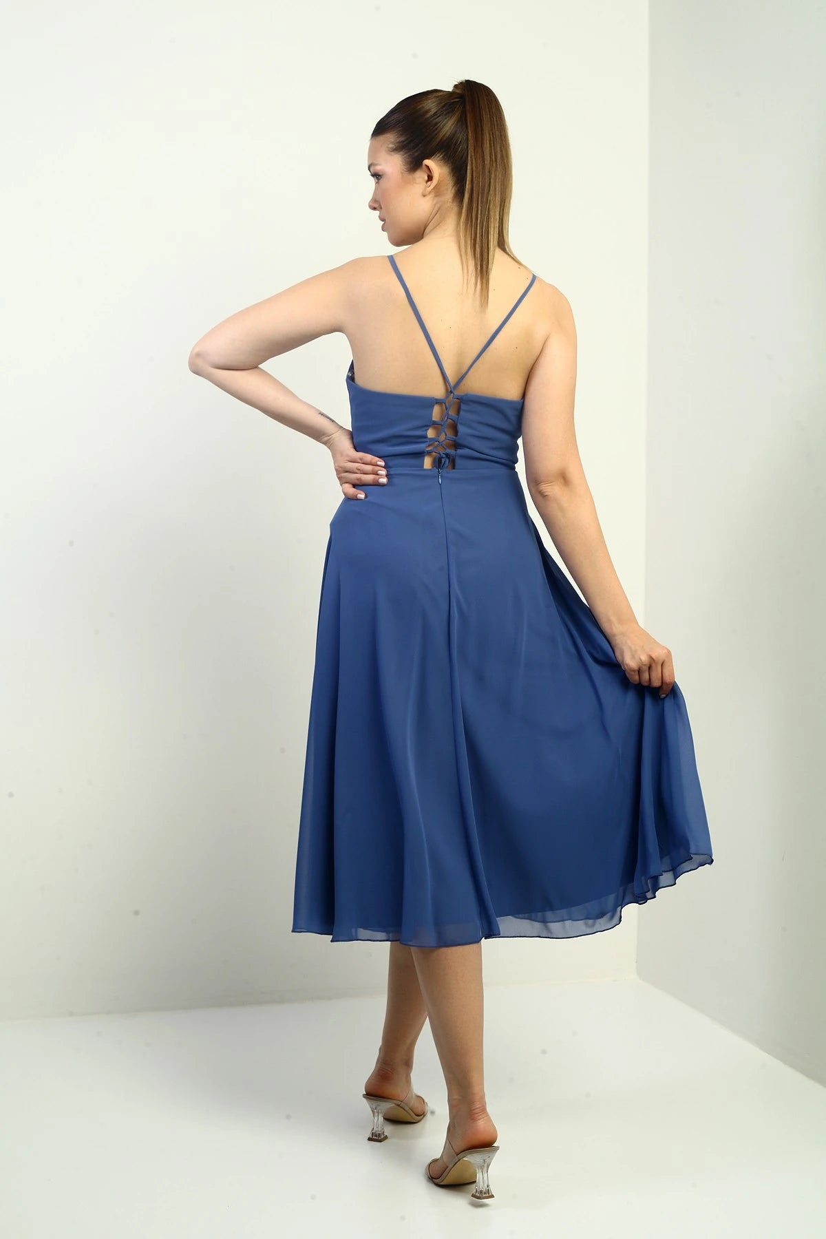 Image of Women's Strappy Wrap Neckline Lined Lace-Up Back Flared Chiffon Dress