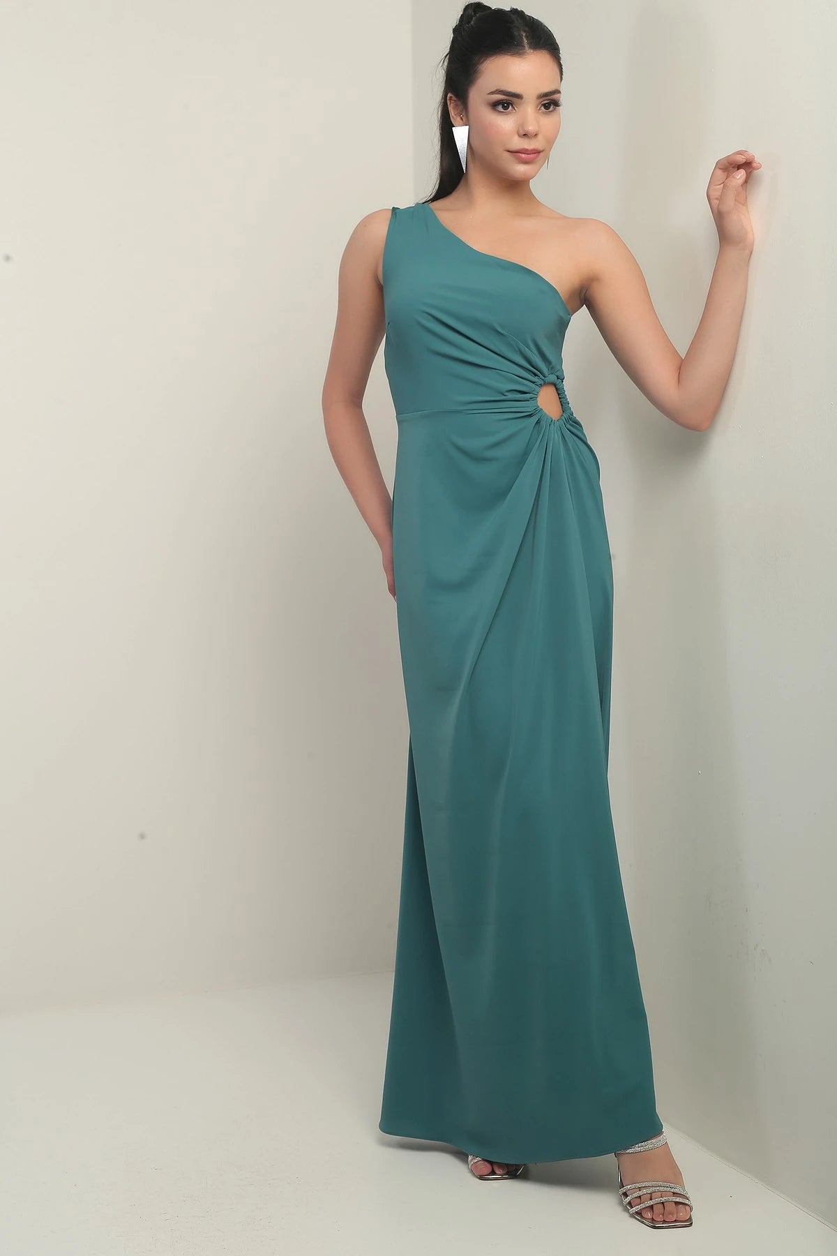 Image of Women's One-Shoulder Long Crepe Satin Dress with Side Window Detail