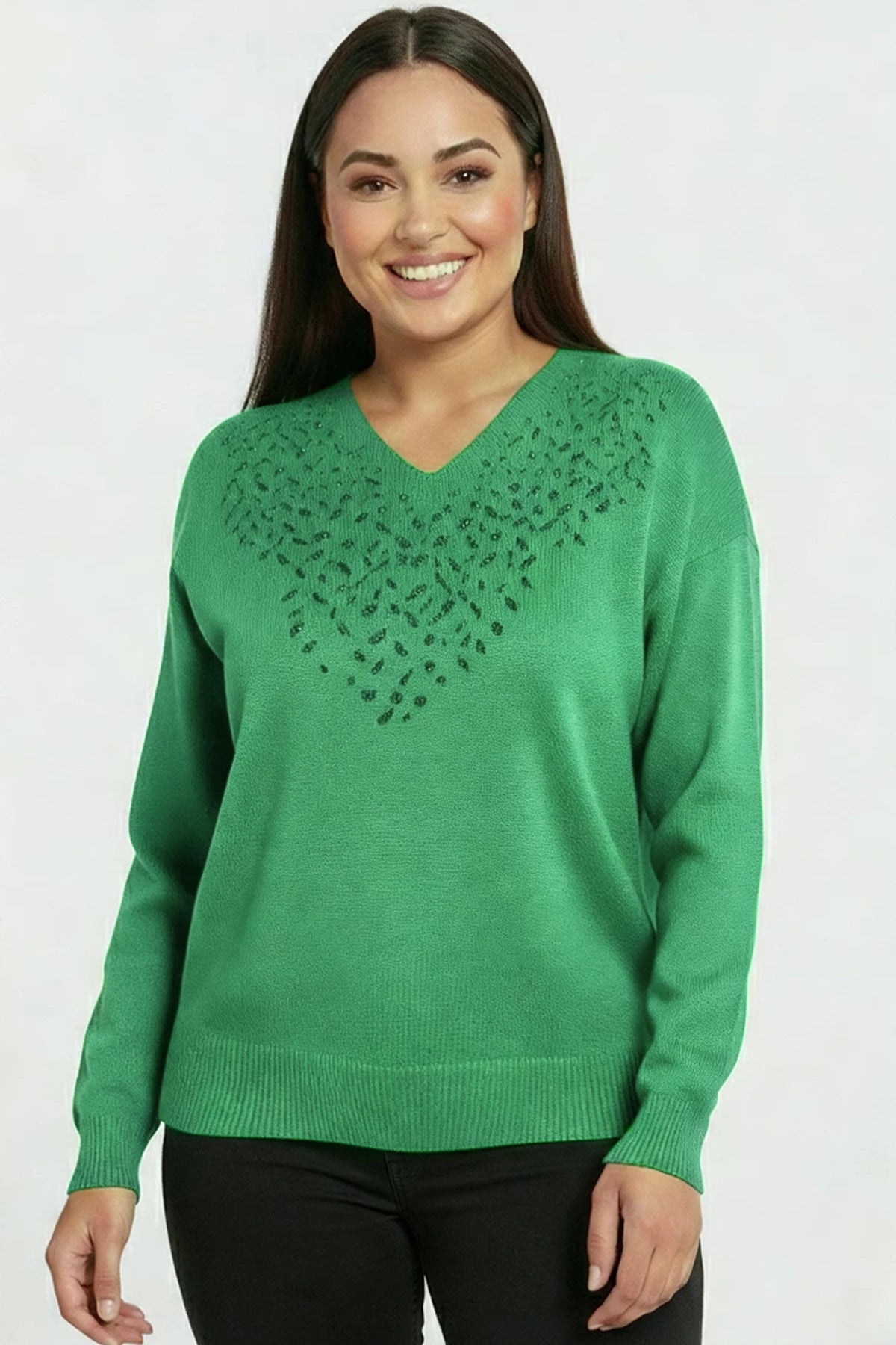 Image of Women's V-Neck Plus Size Knitted Blouse with Glitter Detail on the Front