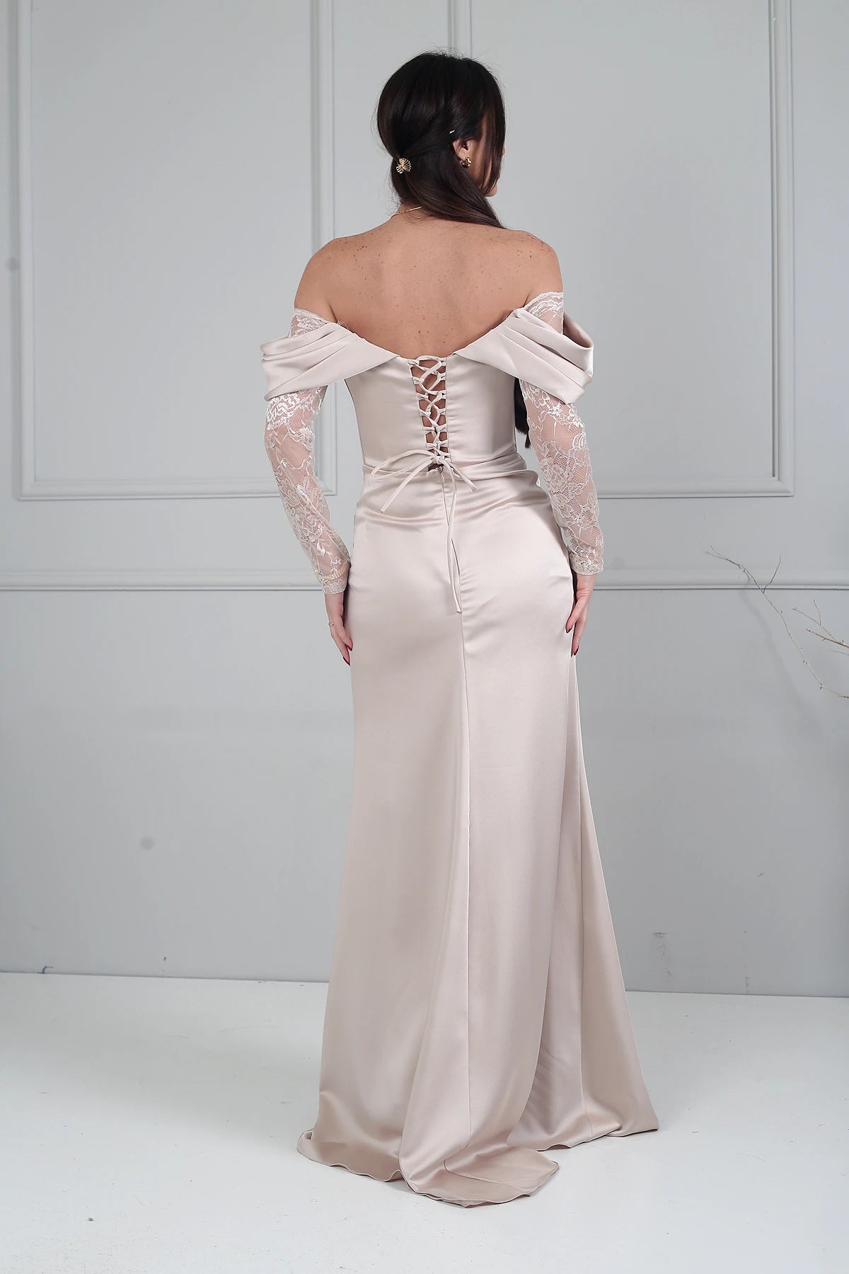 Image of Women's Boat Neck Lace Sleeve Lined Long Satin Dress