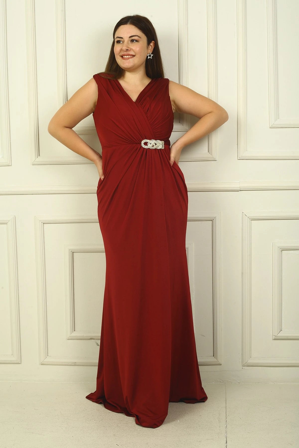 Image of Women's V-Neck Waist Buckle Draped Lined Front Slit Lycra Sandy Plus Size Long Dress