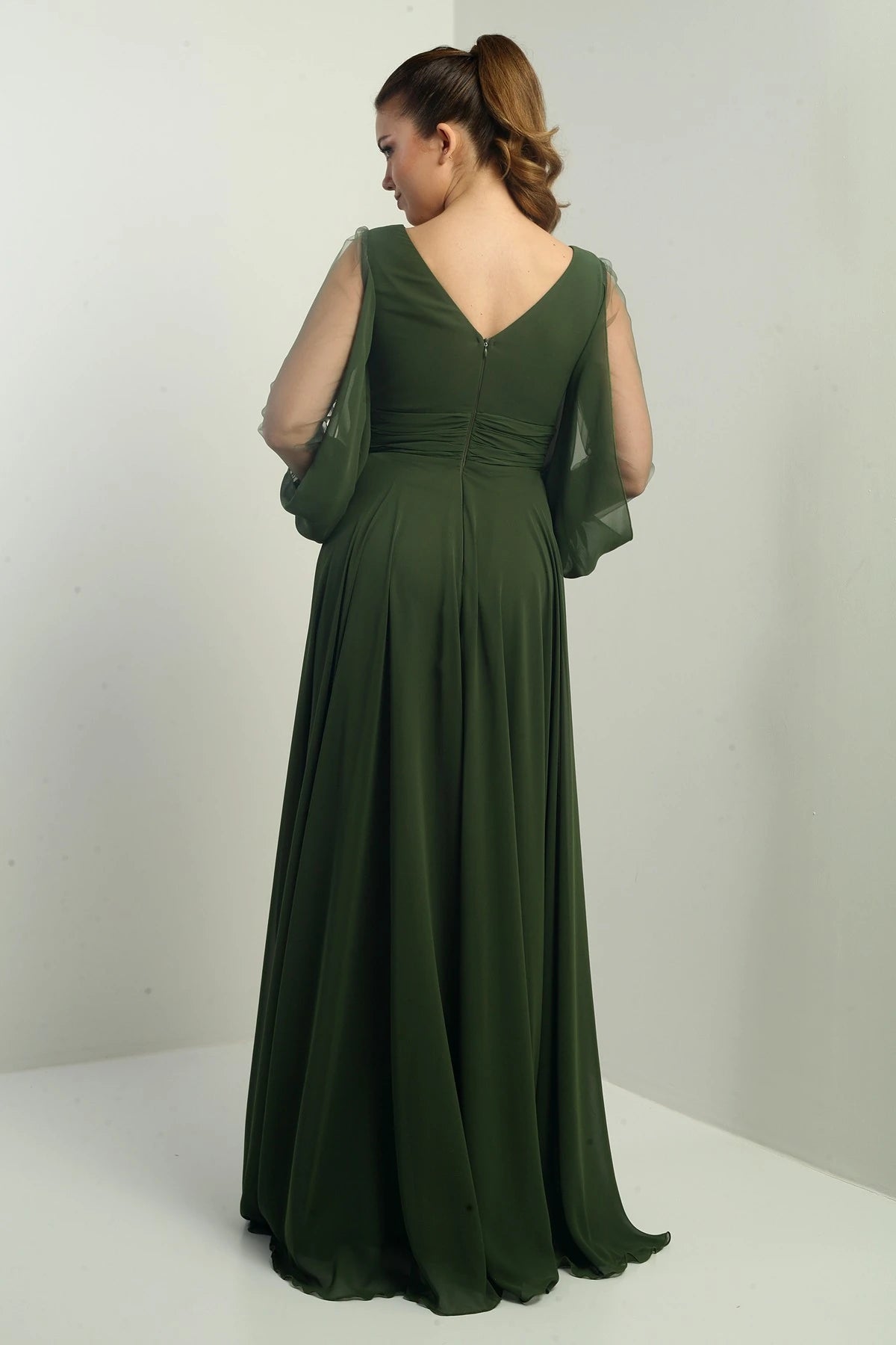 Image of Front and back V-neck, draped front, tulle sleeves, lined, wide-length chiffon dress.