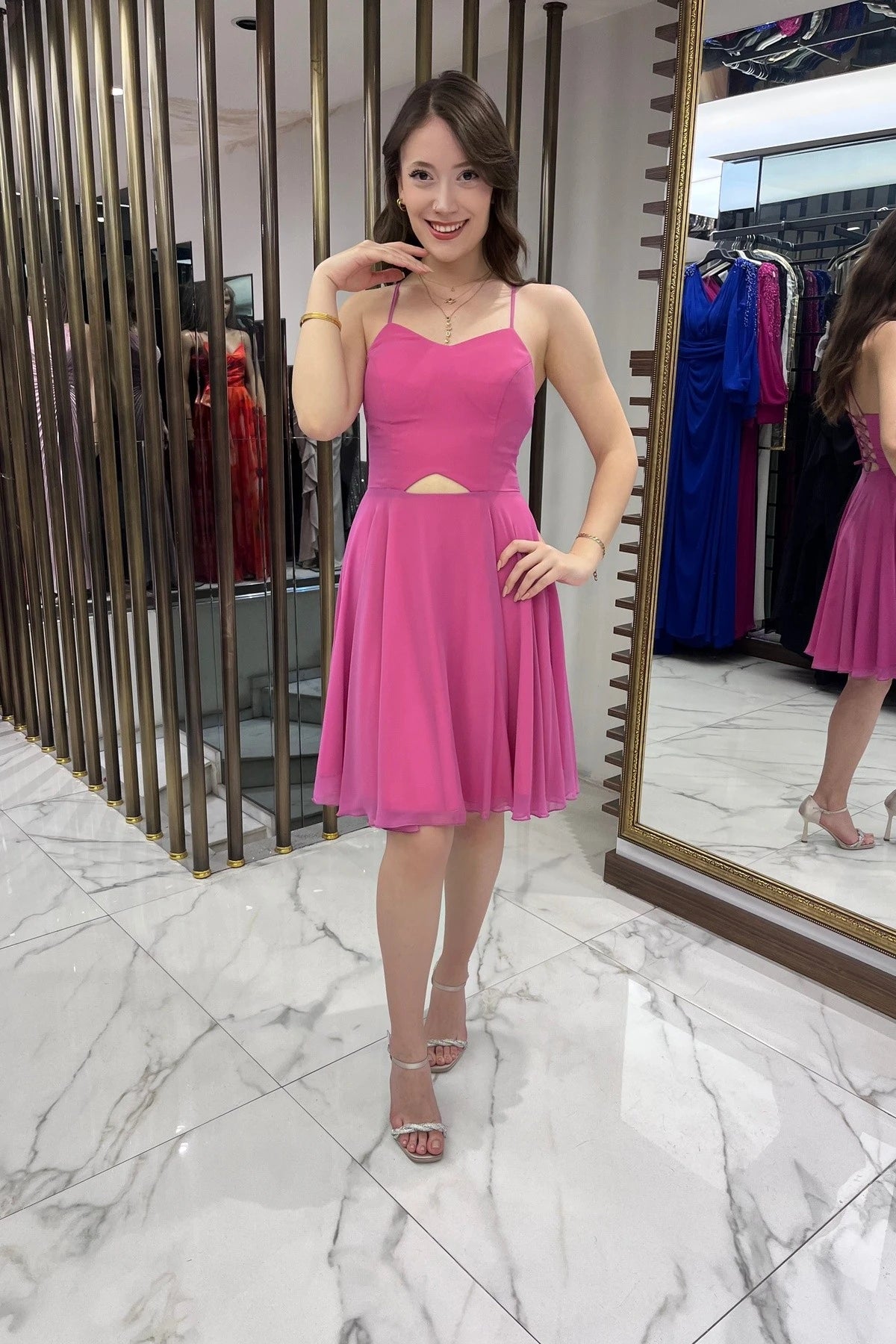Image of Women's Strappy, Back-Tie, Front-Opening, Lined Chiffon Short Flared Dress