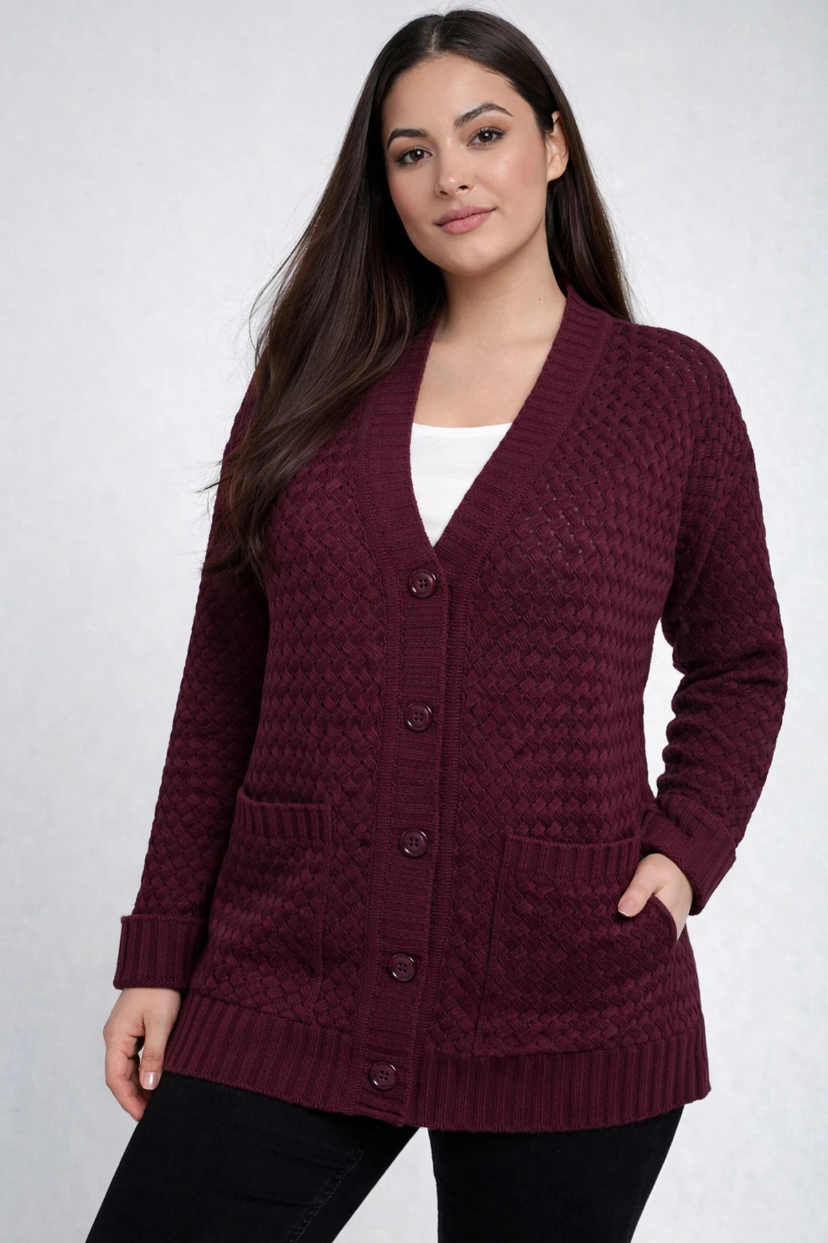 Image of Women's Basket Weave Pattern Pocketed Tunic Cardigan