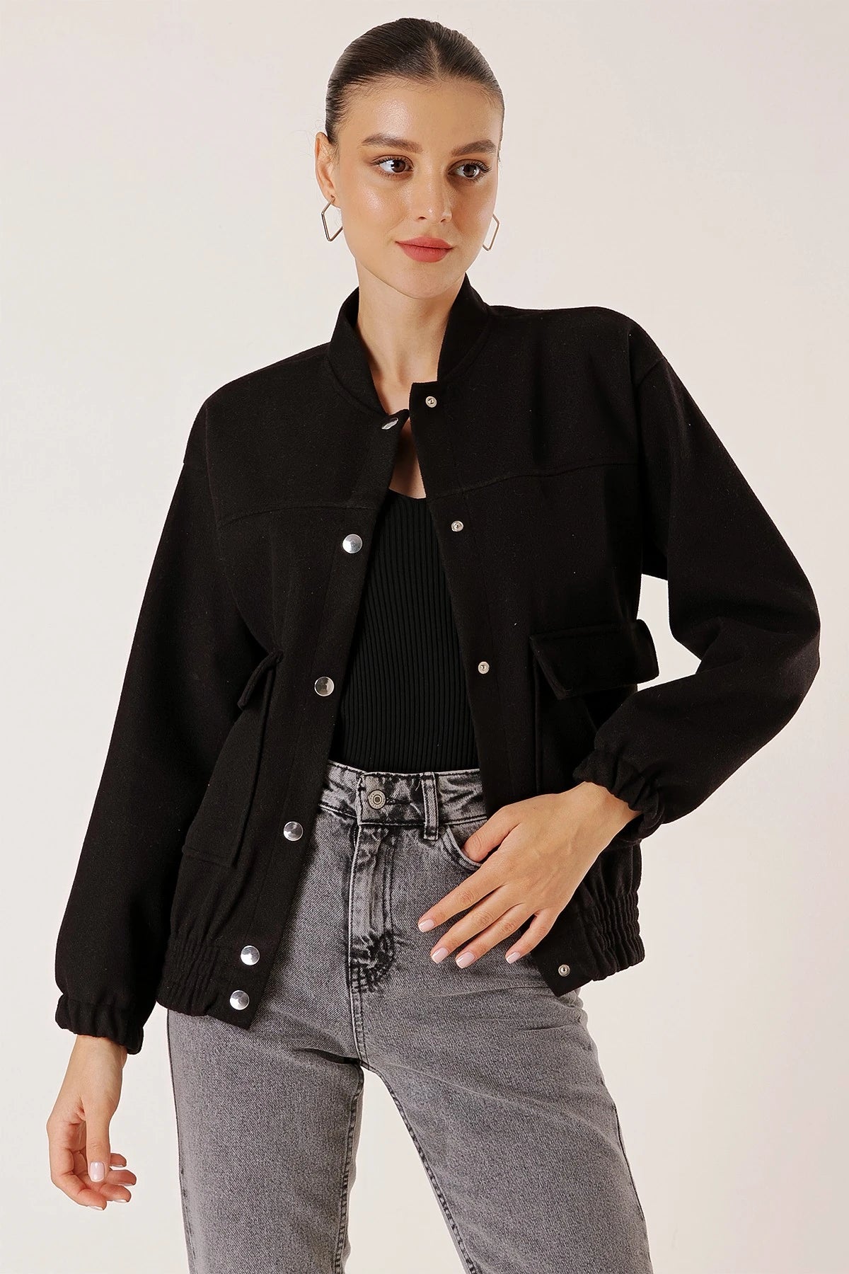 Image of Elasticated Waist Bomber Jacket with Patch Pockets