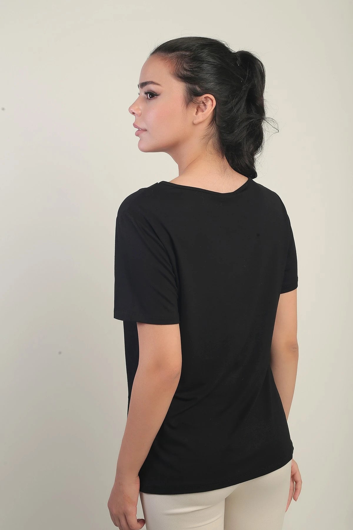 Image of Women's White V-Neck Lycra Blouse with Trim