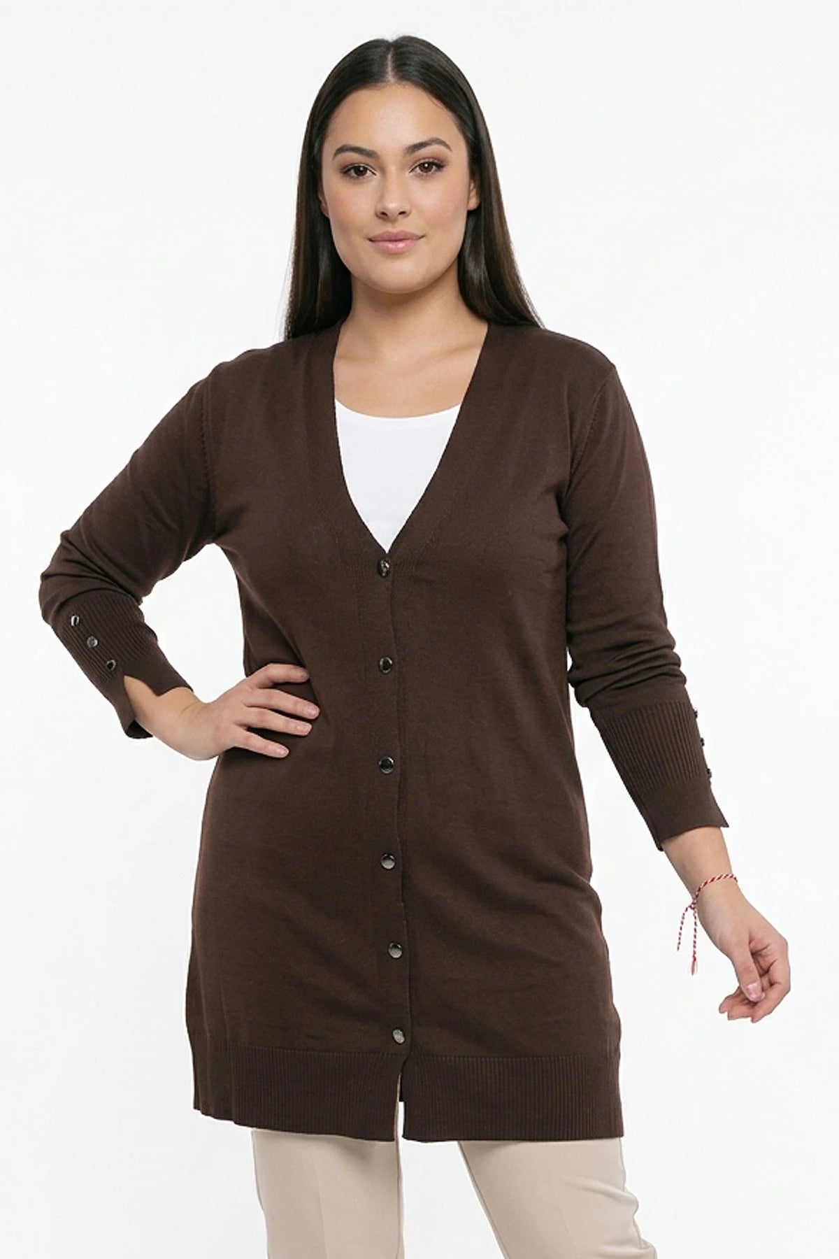 Image of Women's Plus Size Knitted Cardigan with Button Detail on Sleeves