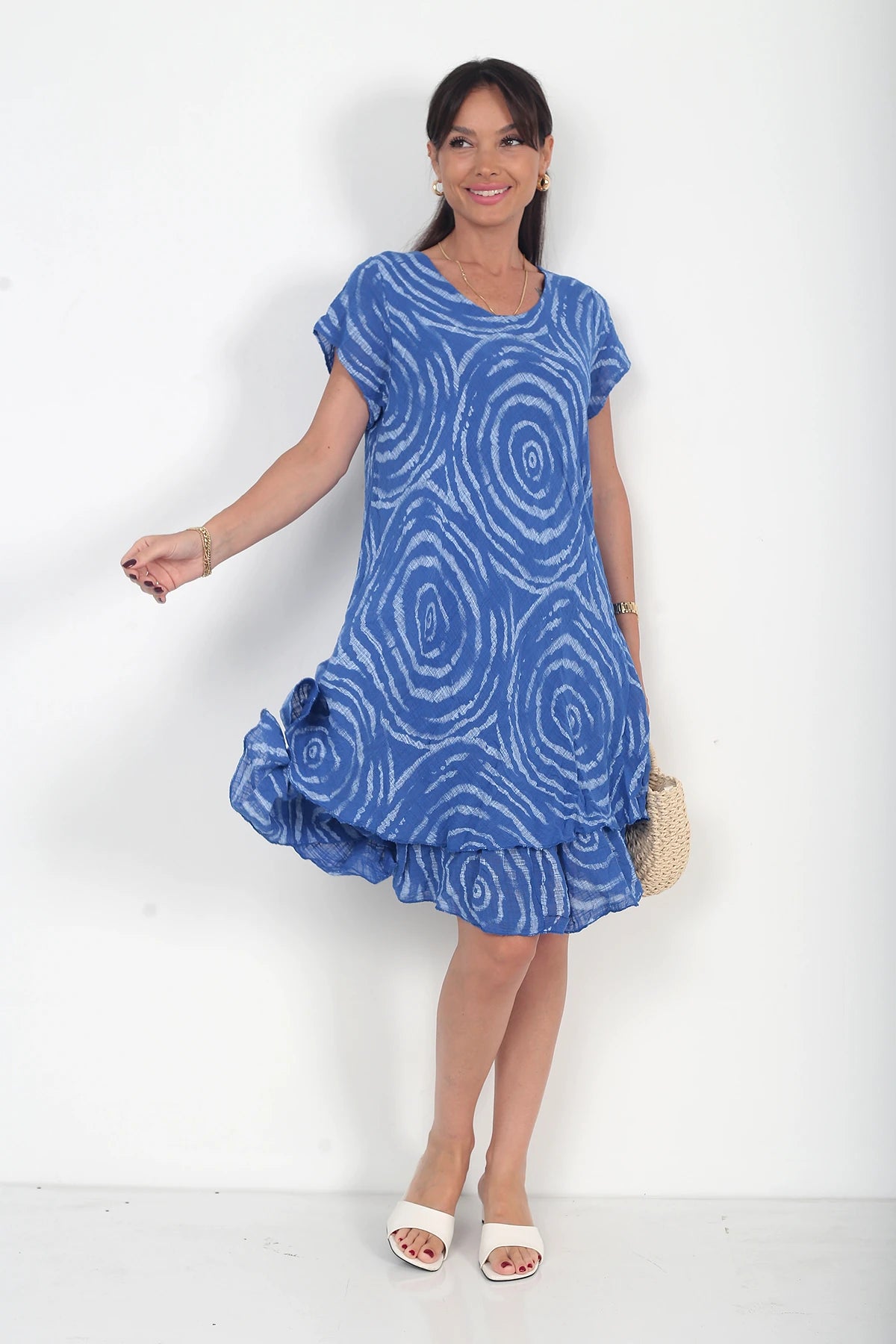 Image of KAdın İtalyan Cotton Spiral Desenli Astarlı Kısa Elbise