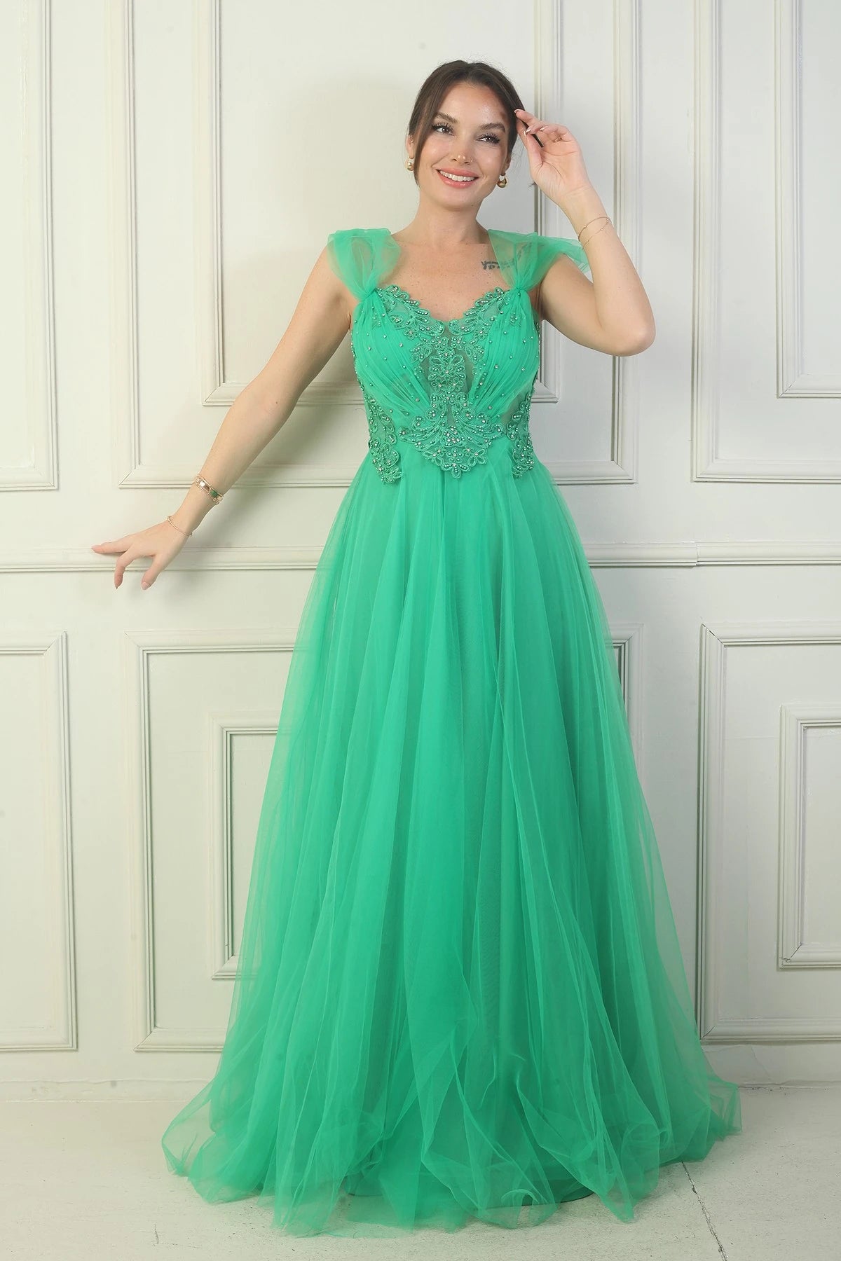 Image of Women's Front and Back V-Neck Lined Dropped Sleeves Princess Evening Dress with Applique Embroidery on Top