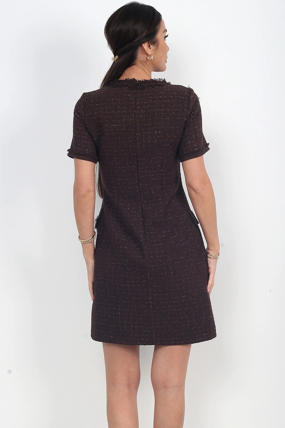 Image of Women's Button Detail Short Sleeve Tassel Chanel Short Dress