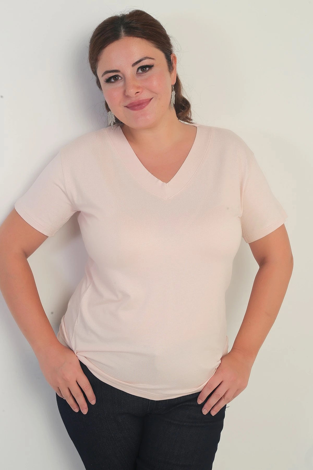 Image of Kadın V Yaka Likralı Büyük Beden Bluz