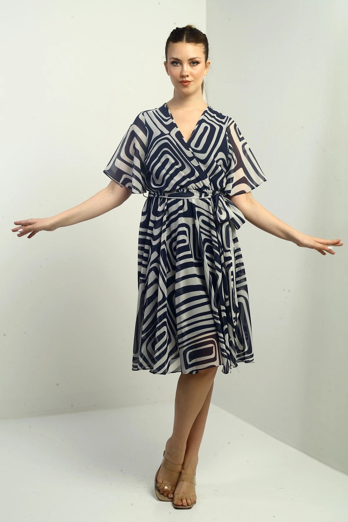 Image of Women's Wrap Neckline Belted Lined Geometric Pattern Chiffon Dress