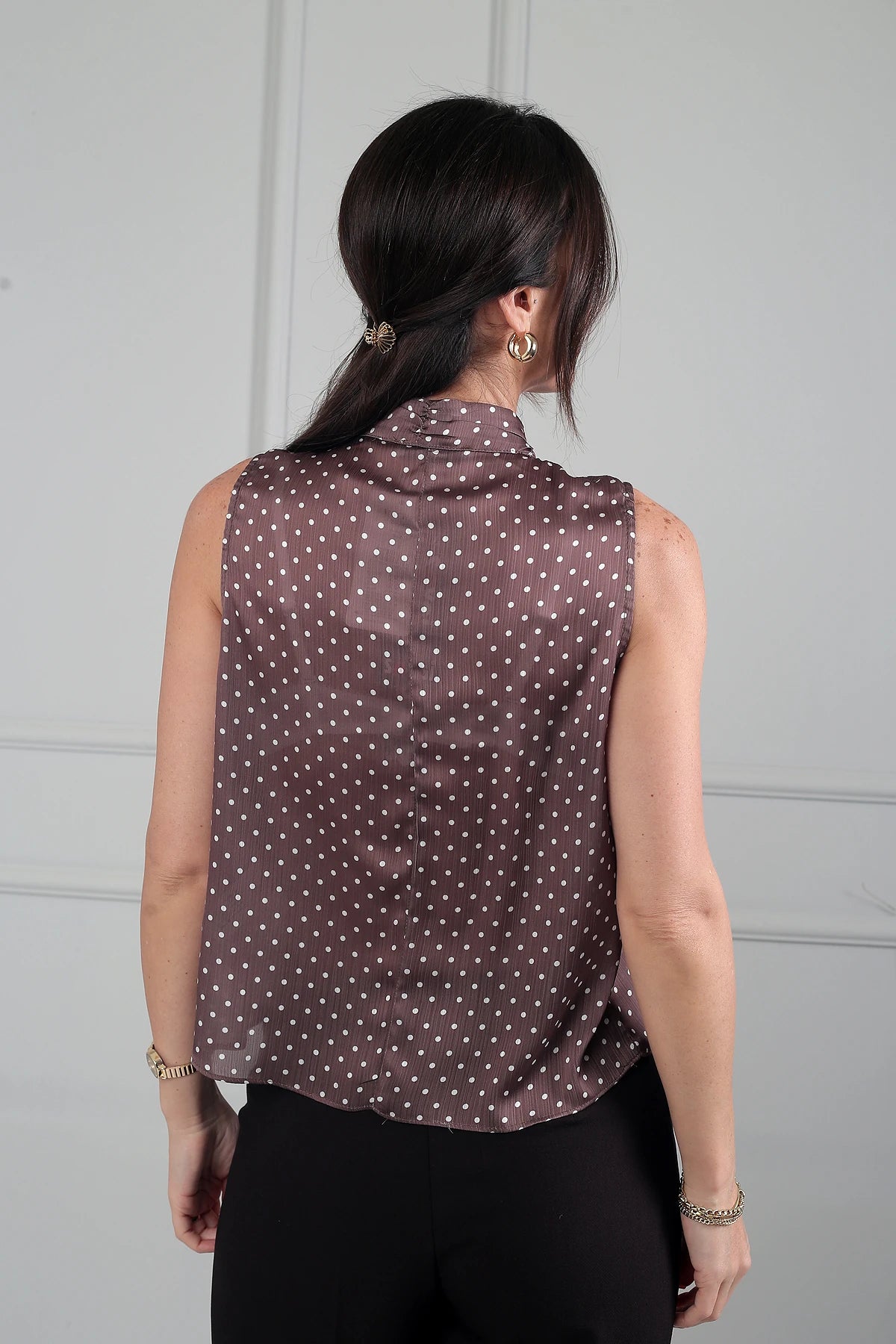 Image of Women's Polka Dot Satin Blouse with Gathered Neckline