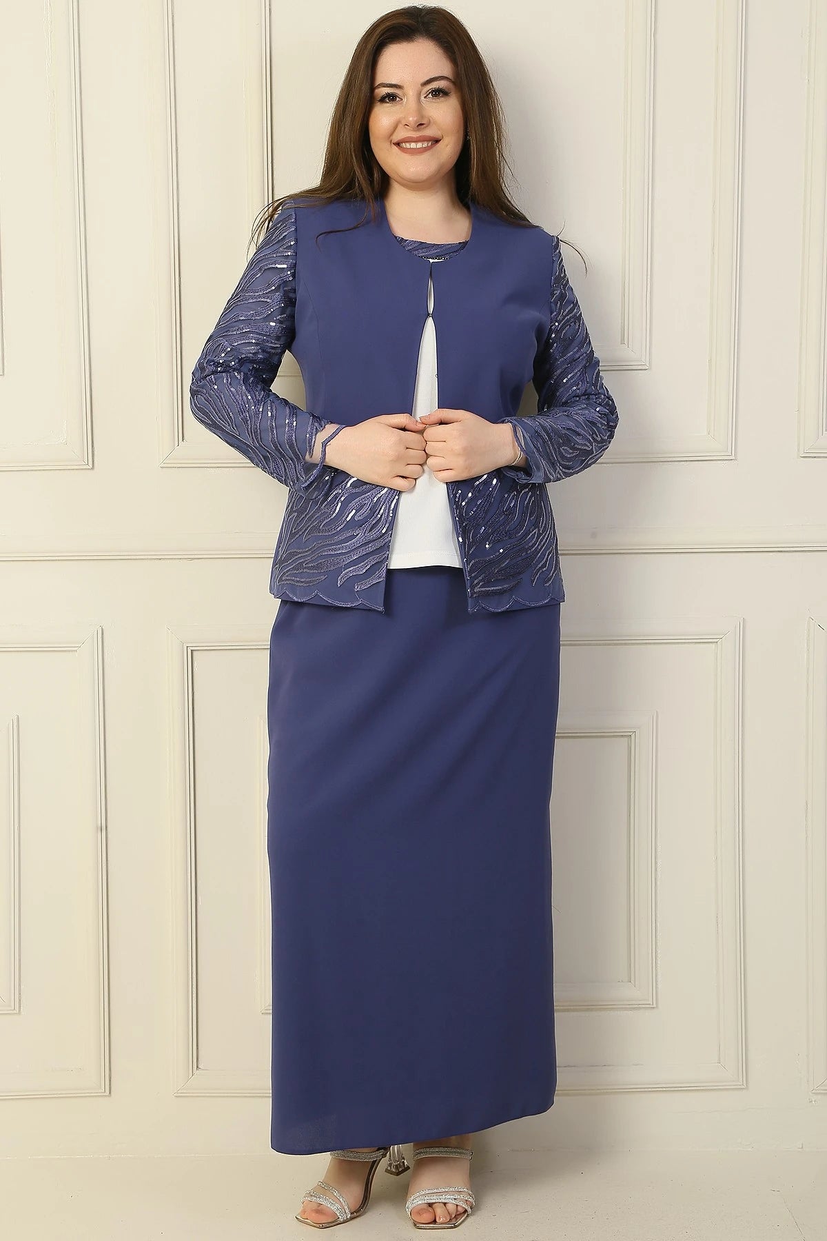 Image of Three-Piece Set: Half-Moon Sleeve Blouse, Sequin Embroidered Jacket and Skirt with Bead Details, Lined, Plus Size.