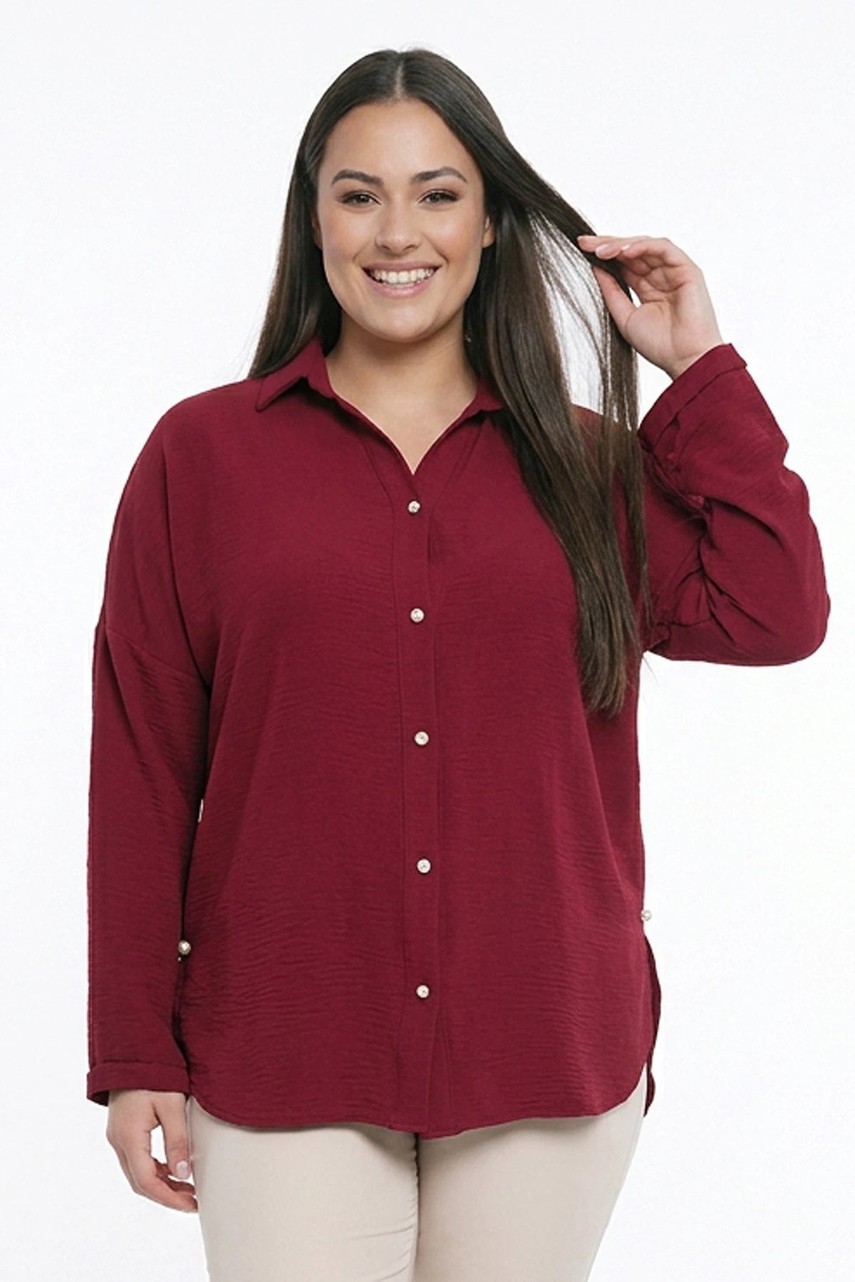 Image of Women's Plus Size Ayrobin Lycra Shirt with Pearl Details