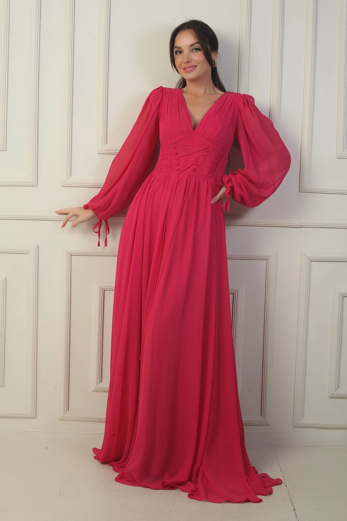 Image of Önden Bağcıklı Balenli Astarlı Uzun Şifon Elbise