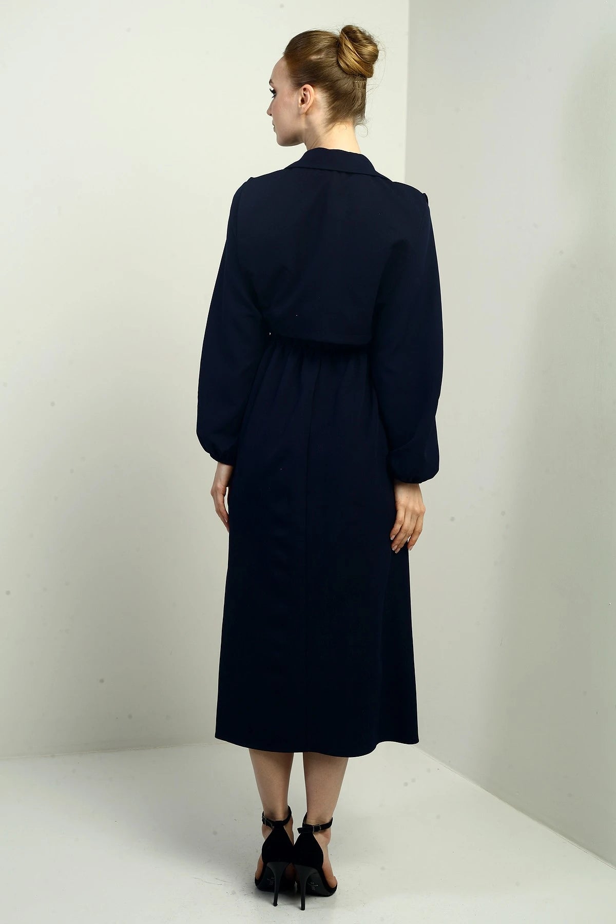 Image of Women's Button-Down Detachable Vest, Elastic Waist, Long-Sleeved Midi Dress