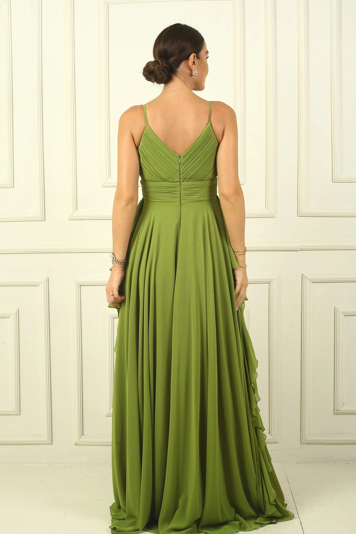 Image of Women's Strappy, Side Slit, Lined, Ruffled Chiffon Long Dress