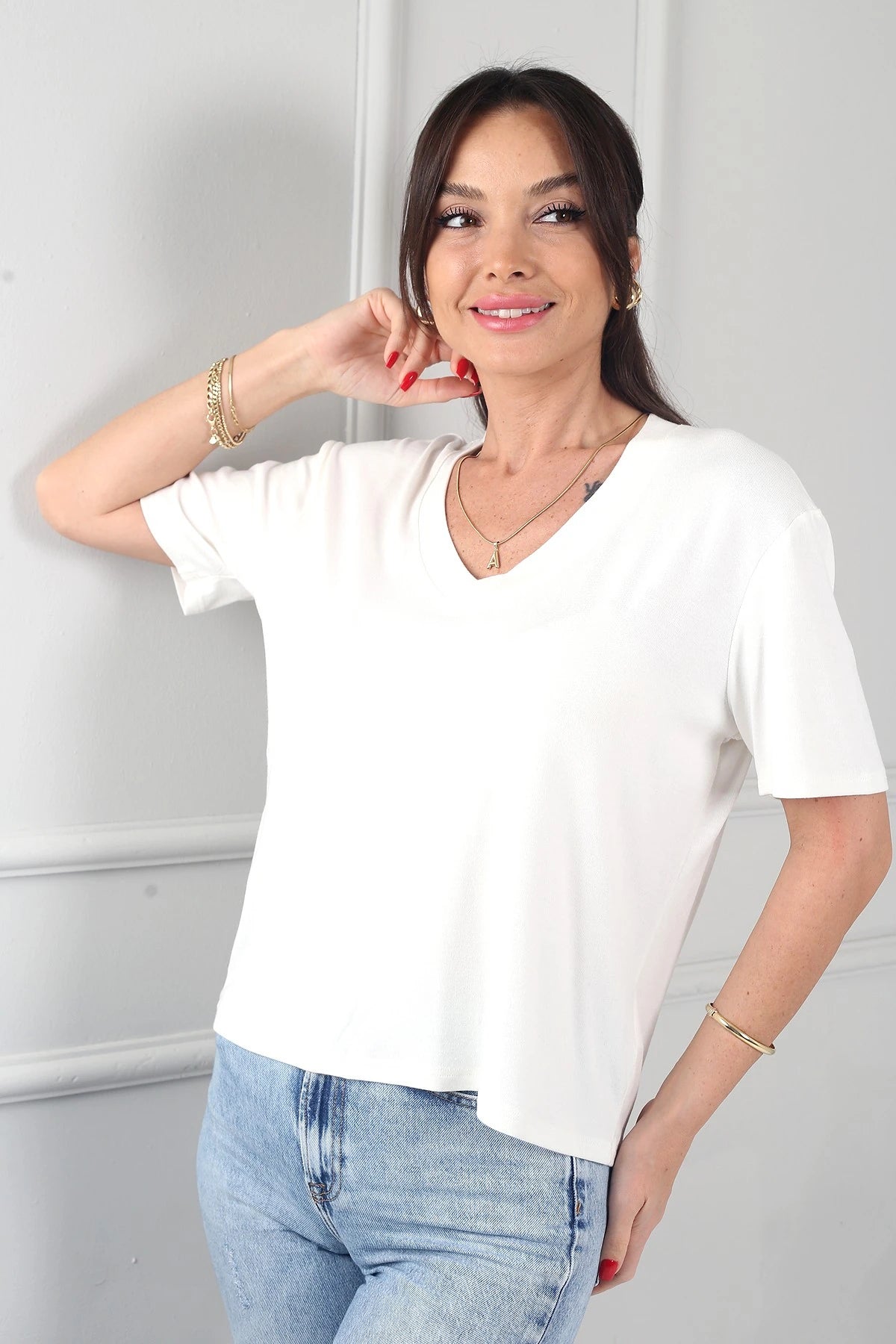 Image of Women's Interlock V-Neck Lycra Loose-Fitting Blouse