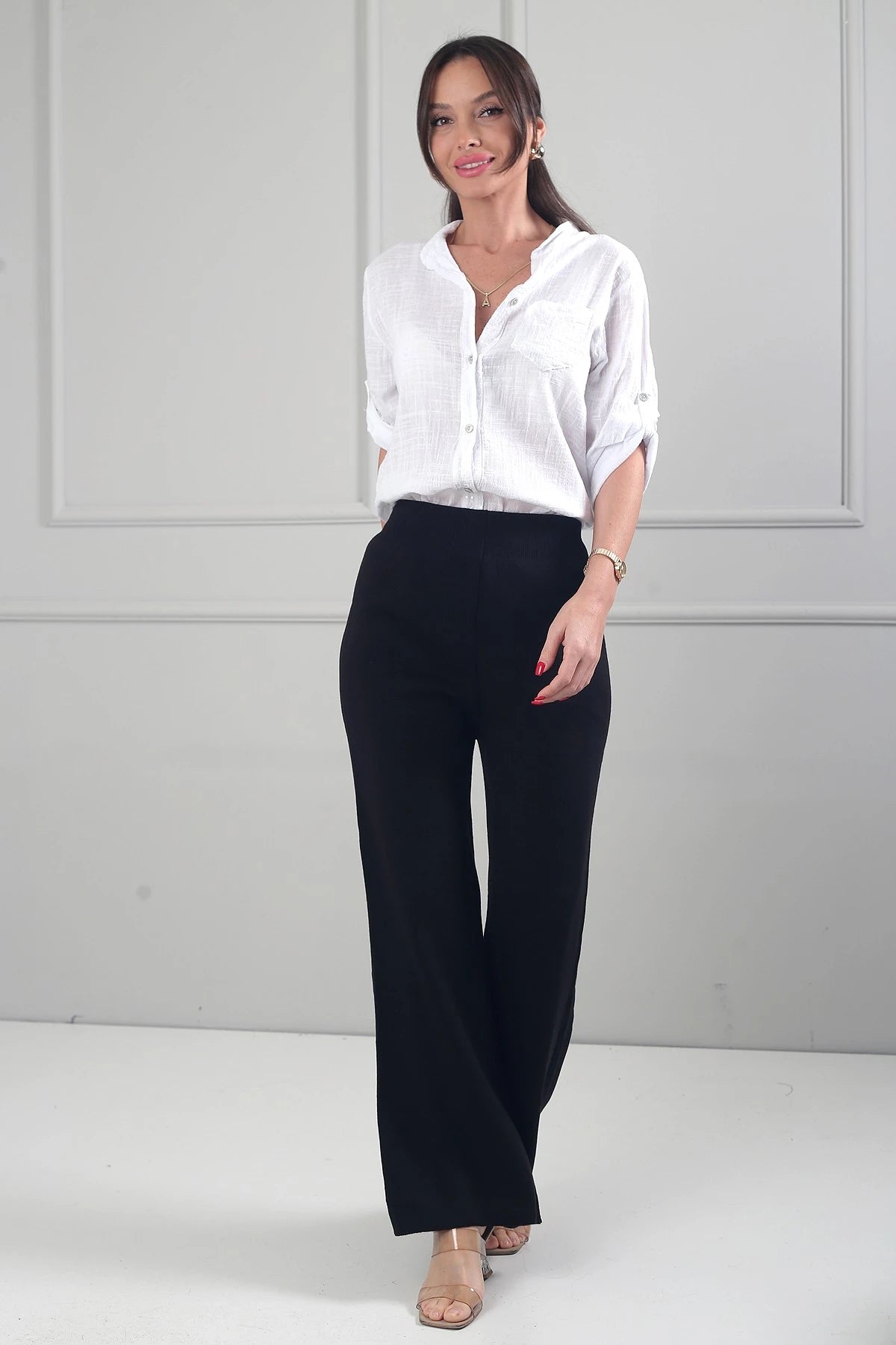 Image of Women's Elastic Waist Palazzo Knit Trousers
