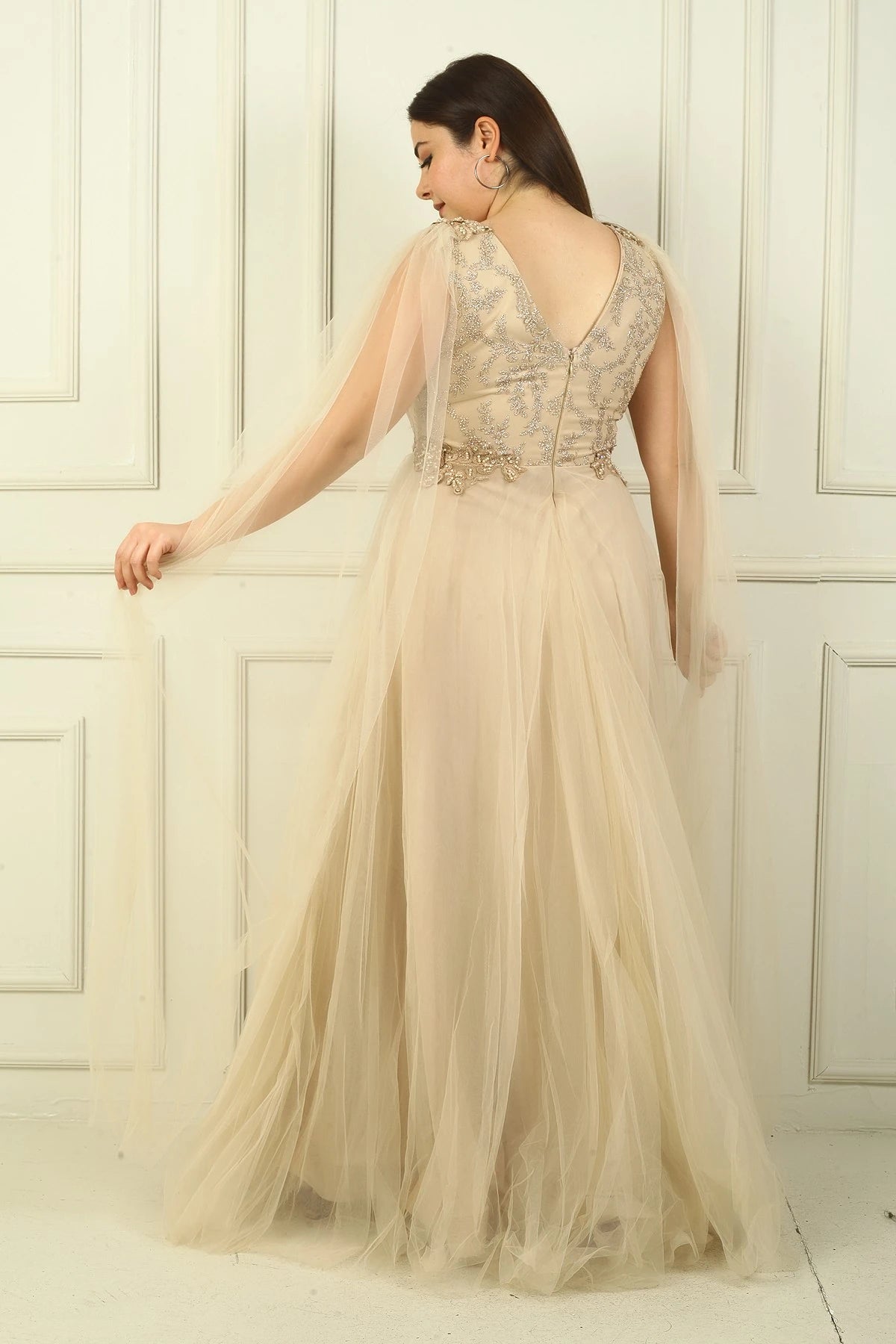 Image of Women's Front and Back V-Neck Long Tulle Evening Dress with Beaded Embellishment and Wide Waistline.