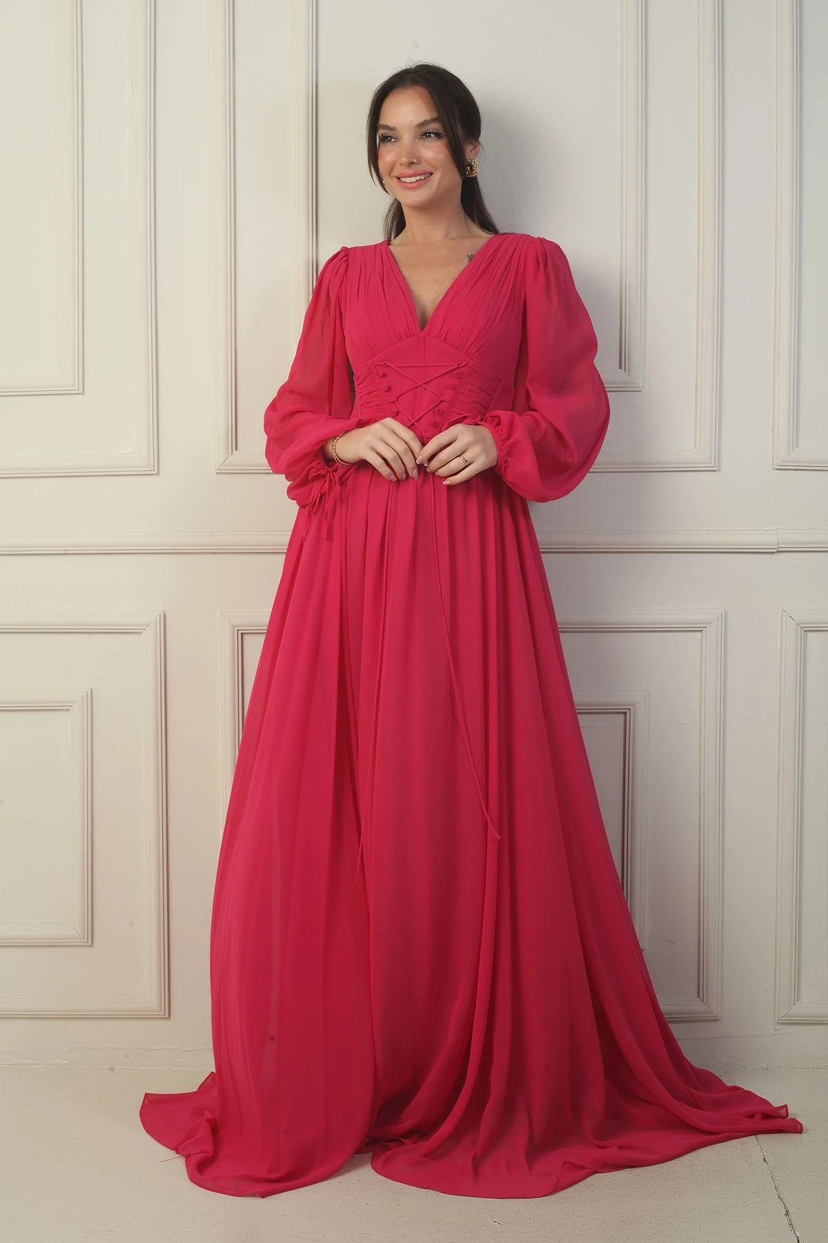 Image of Önden Bağcıklı Balenli Astarlı Uzun Şifon Elbise