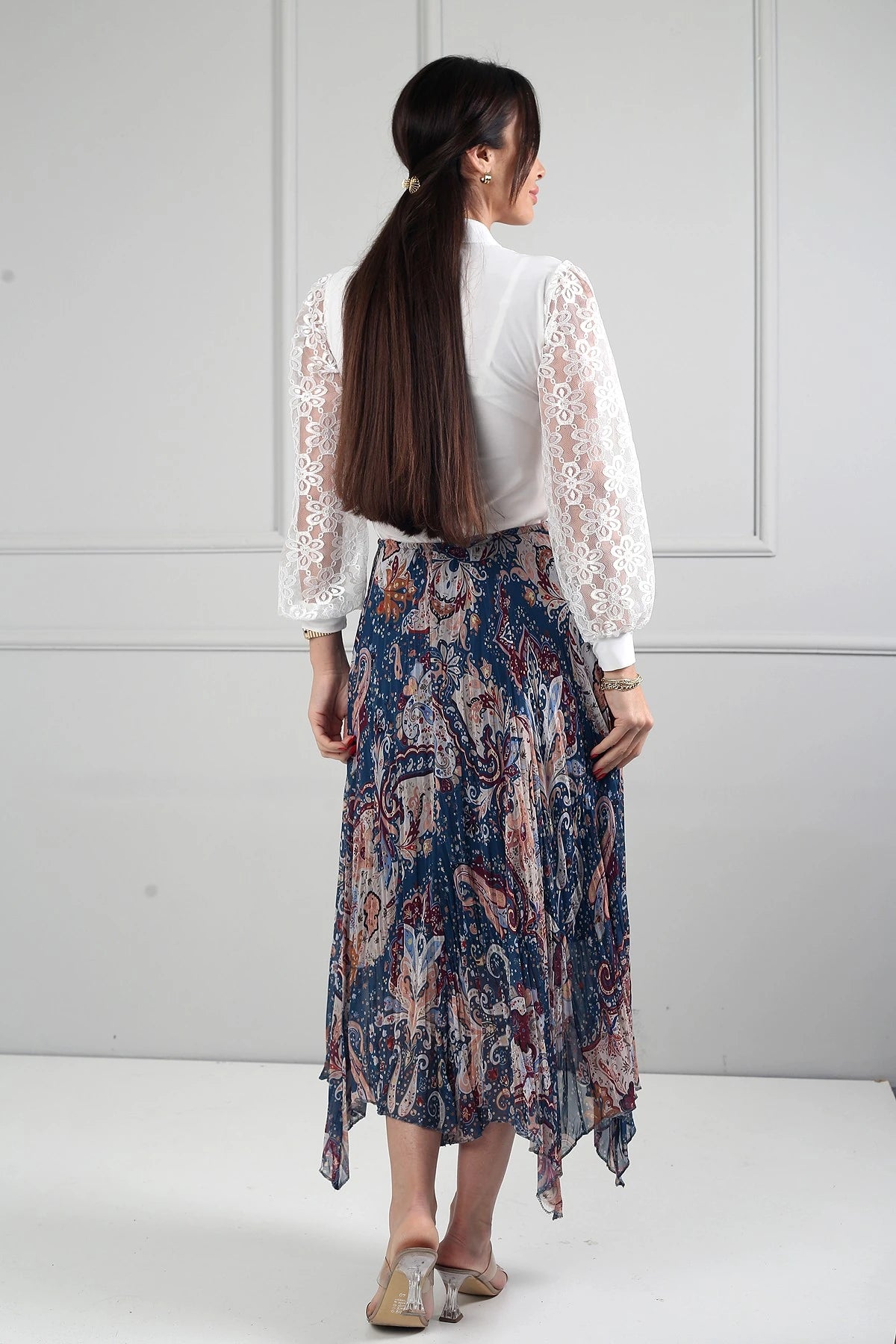 Image of Women's Elastic Waist Lined Shawl Patterned Triangle Midi Skirt