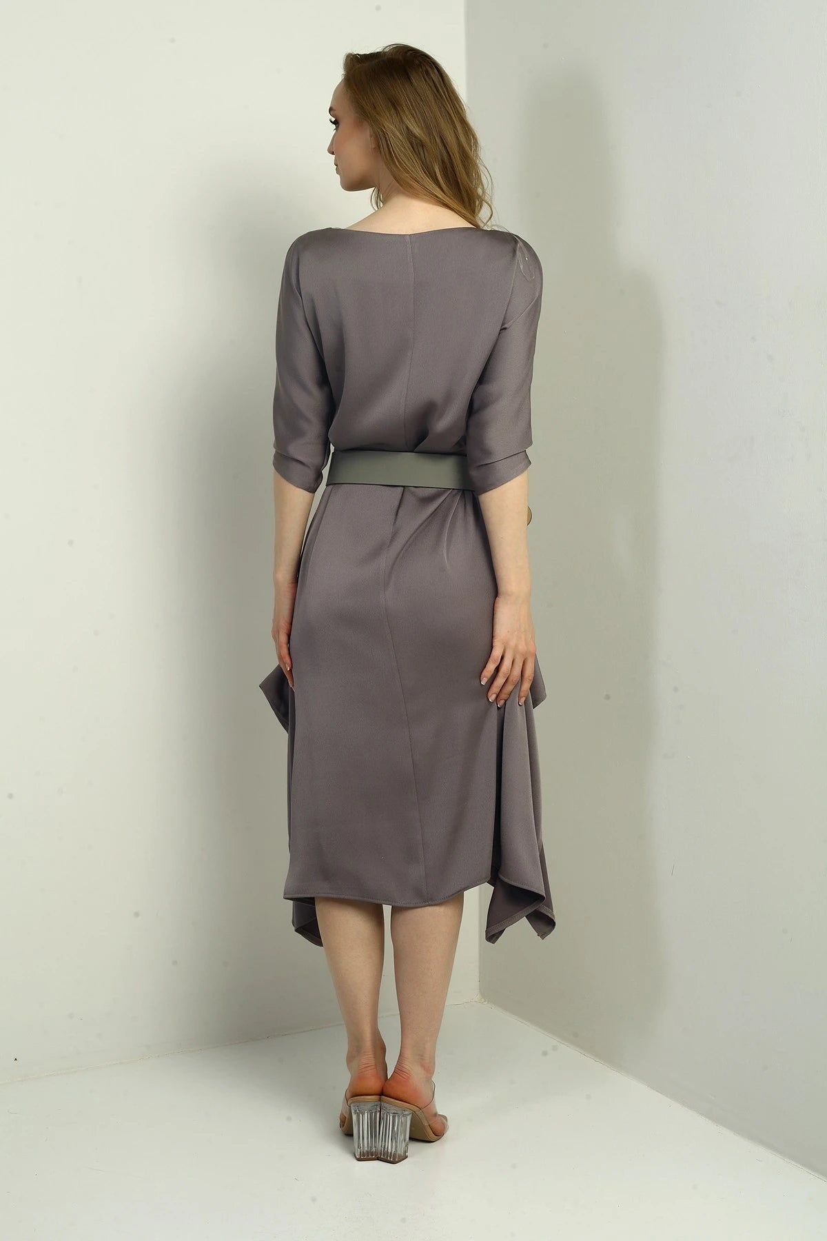 Image of Women's Quarter Sleeve Asymmetrical Crepe Satin Midi Dress with Belted Waist