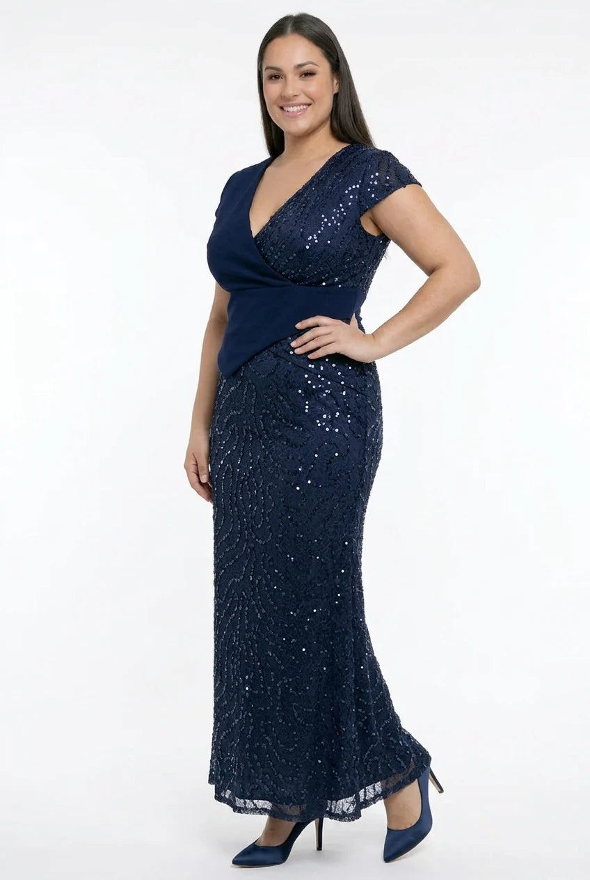 Image of Women's Vest-Style Half-Moon Sleeved Lined Sequined and Beaded Plus Size Long Dress