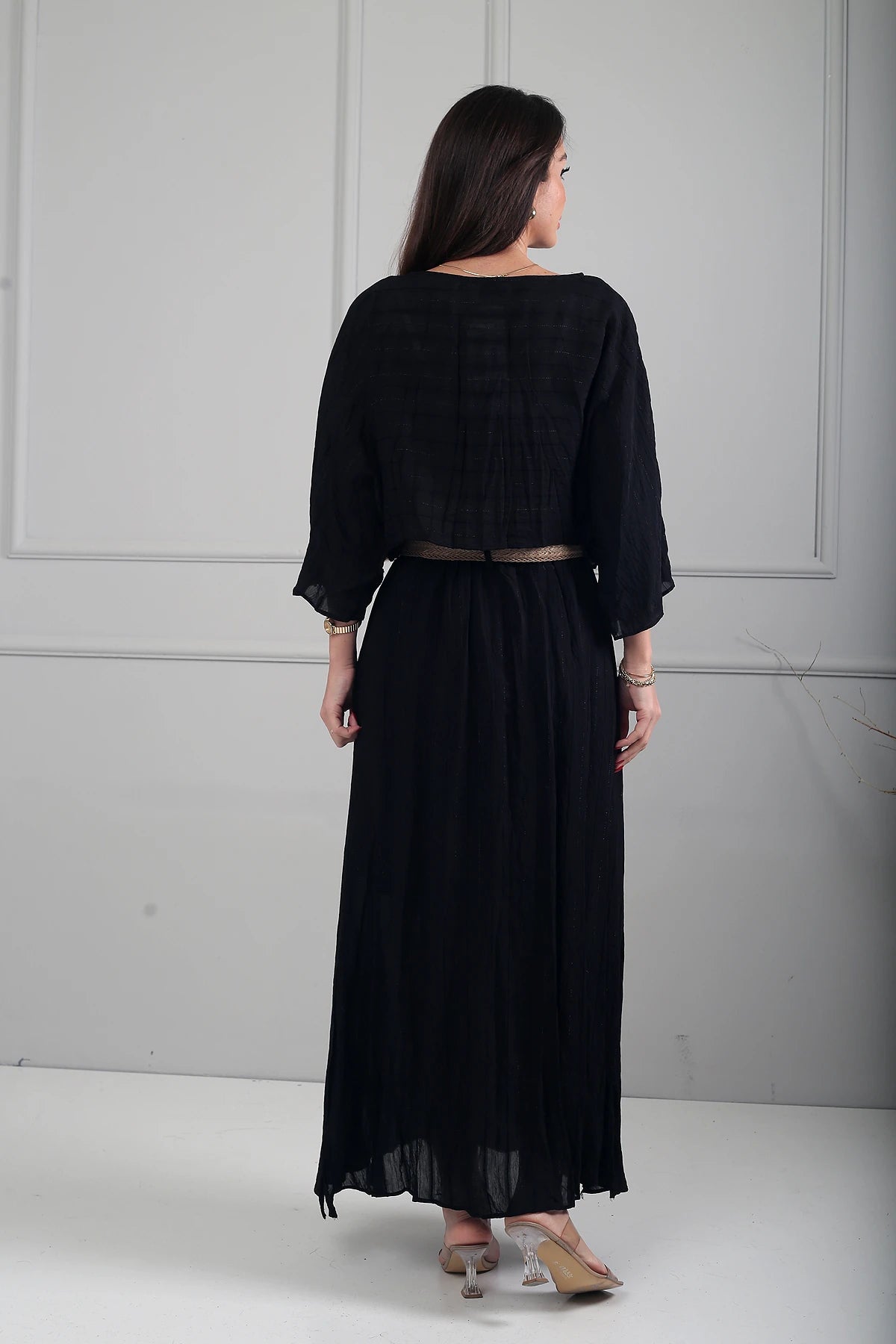 Image of Bluză pentru femei cu mâneci lungi tip liliac, talie elastică, fustă lungă căptușită, set din 2 piese, model boem, din modal strălucitor