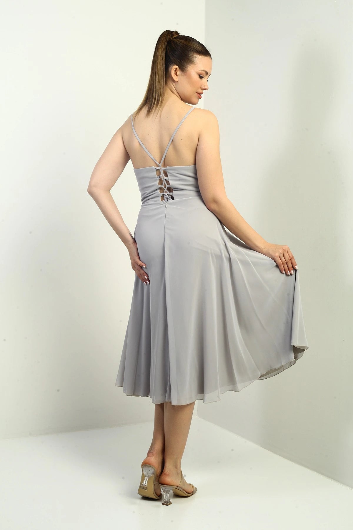 Image of Women's Strappy Wrap Neckline Lined Lace-Up Back Flared Chiffon Dress