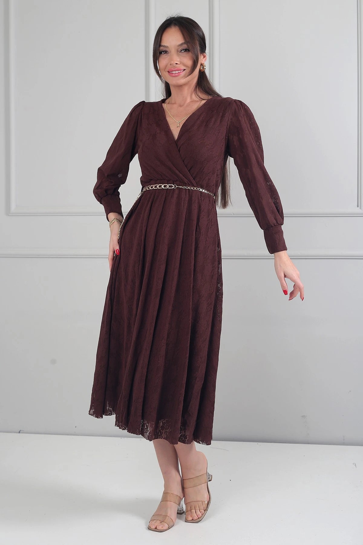 Image of Rochie midi din dantelă cu mânecă lungă și căptușeală, cu decolteu înfășurat și decolteu înfășurat pentru femei