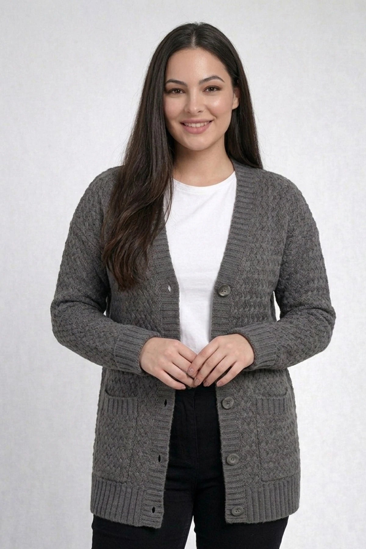 Image of Women's Basket Weave Pattern Pocketed Tunic Cardigan