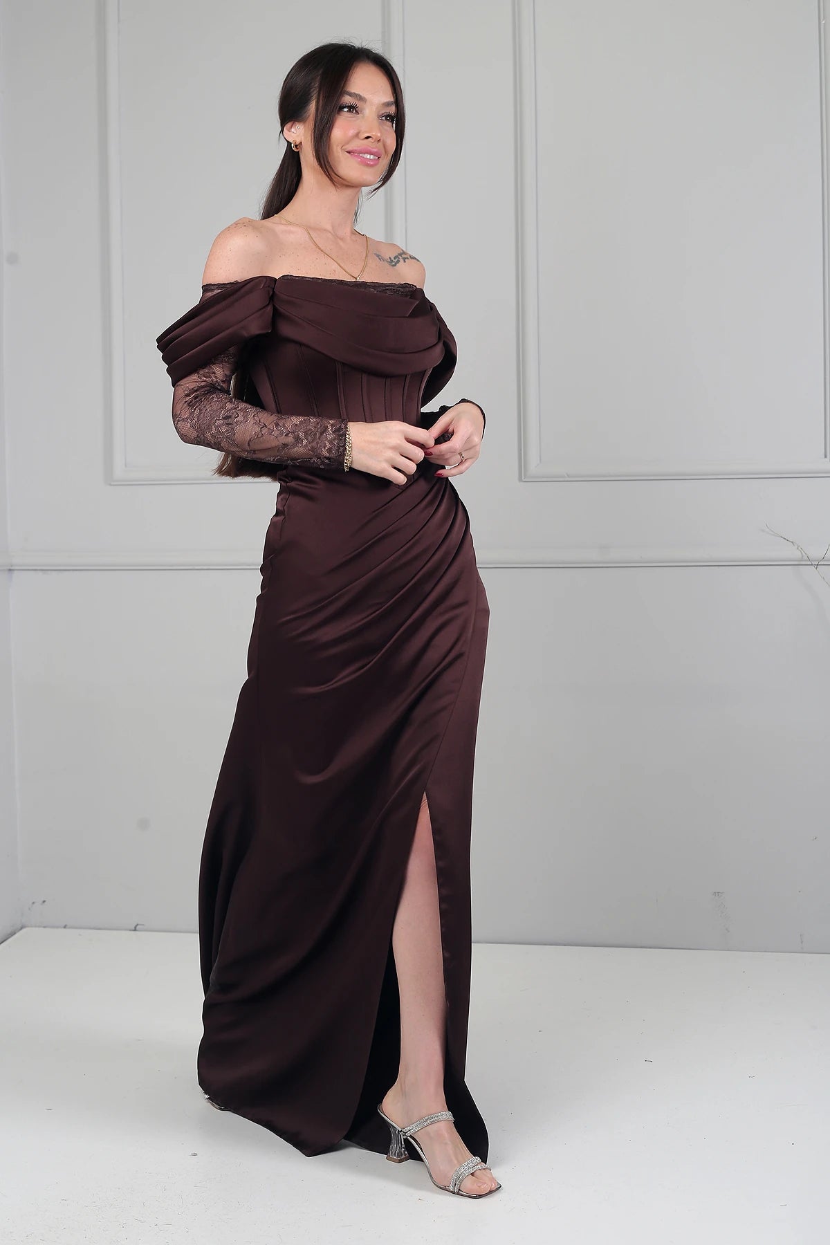 Image of Women's Boat Neck Lace Sleeve Lined Long Satin Dress