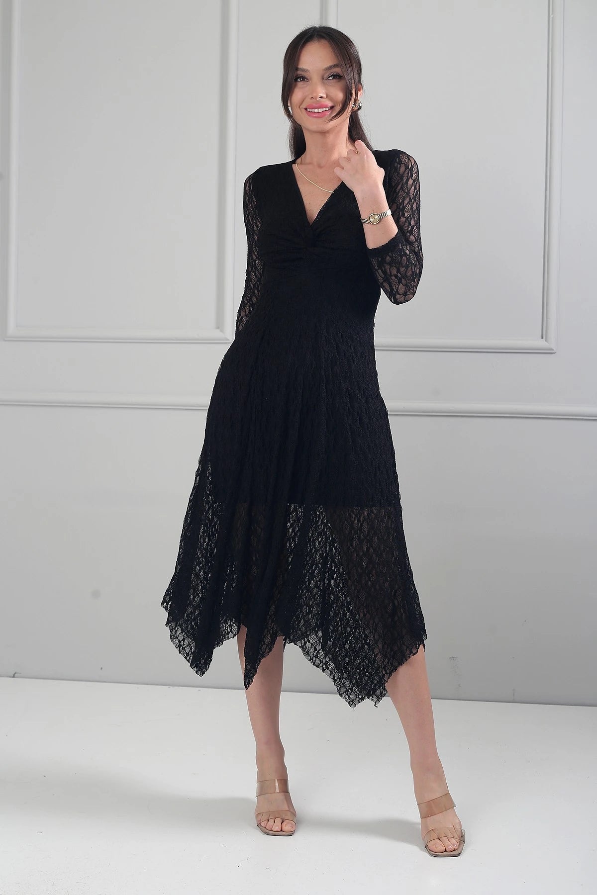 Image of Women's Asymmetrical Lace Midi Dress with Front Knot Detail and Lined Skirt