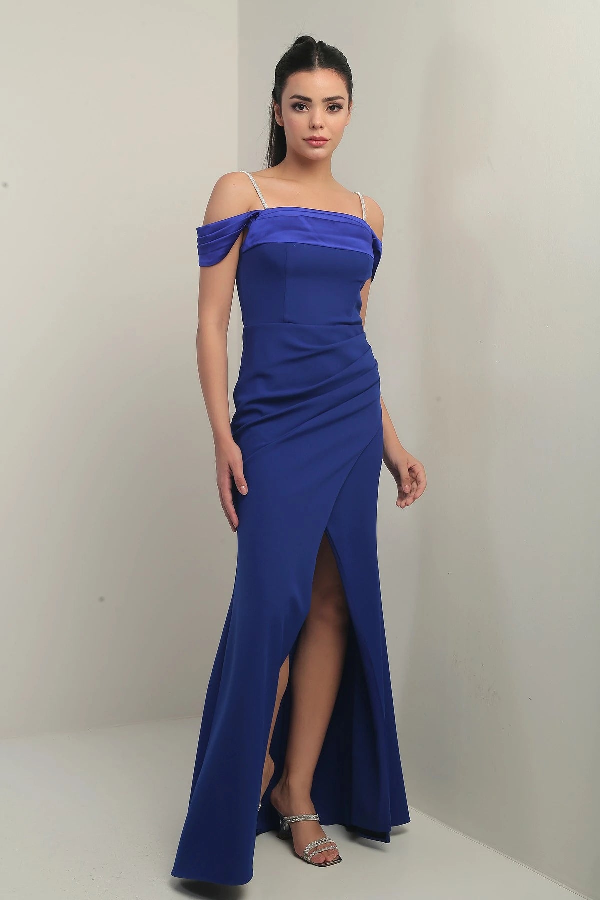 Image of Women's Embellished Thin Strap, Dropped Sleeve Satin Madonna Neckline Lined Draped Double Fishtail Dress