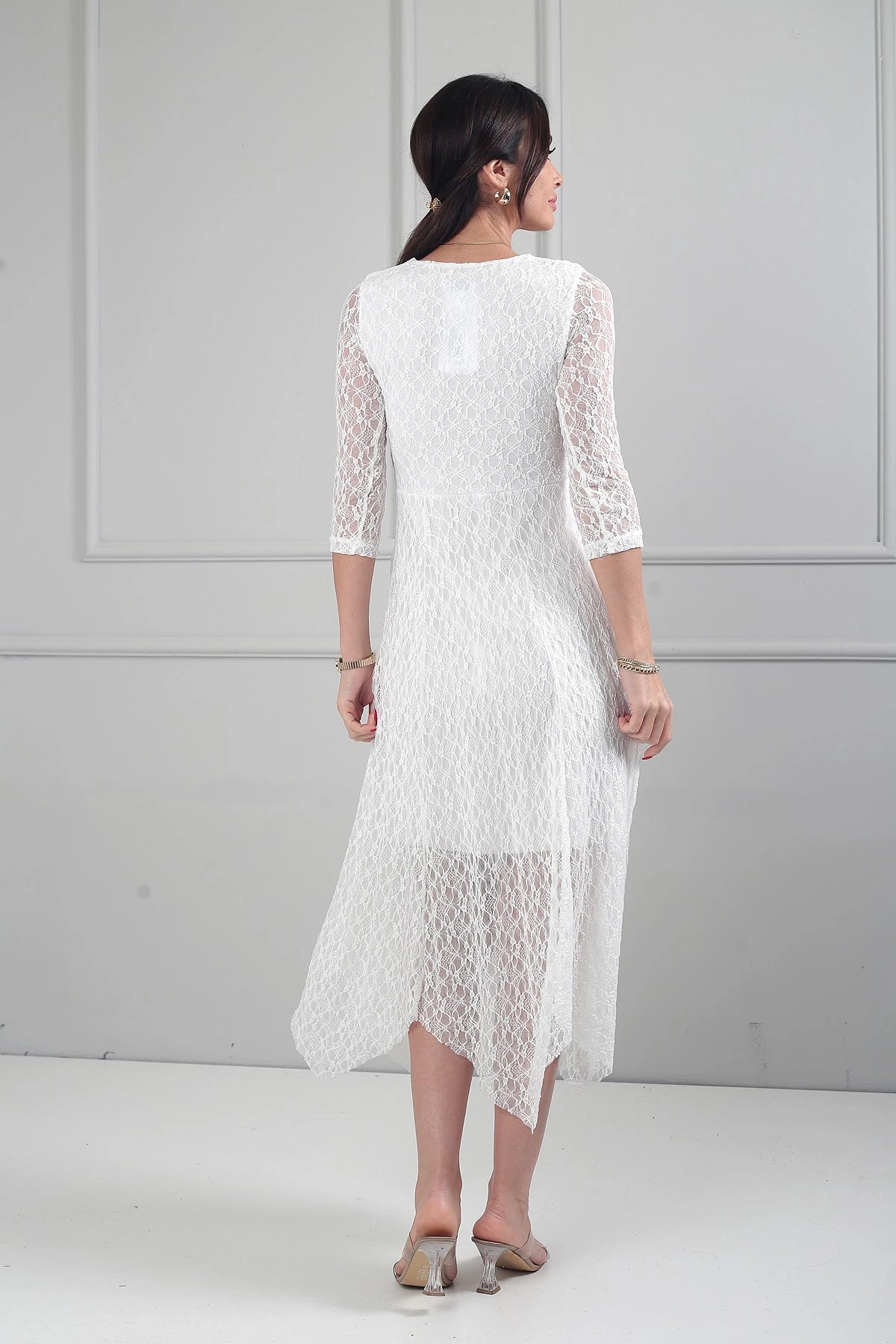 Image of Women's Asymmetrical Lace Midi Dress with Front Knot Detail and Lined Skirt