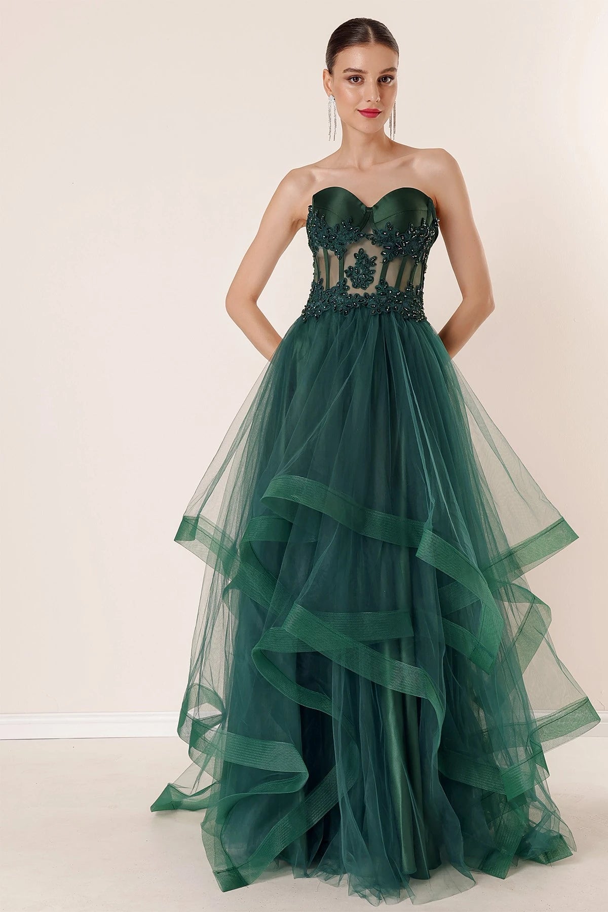 Image of Long, Layered Tulle Taffeta Evening Dress with Beaded Embellishments