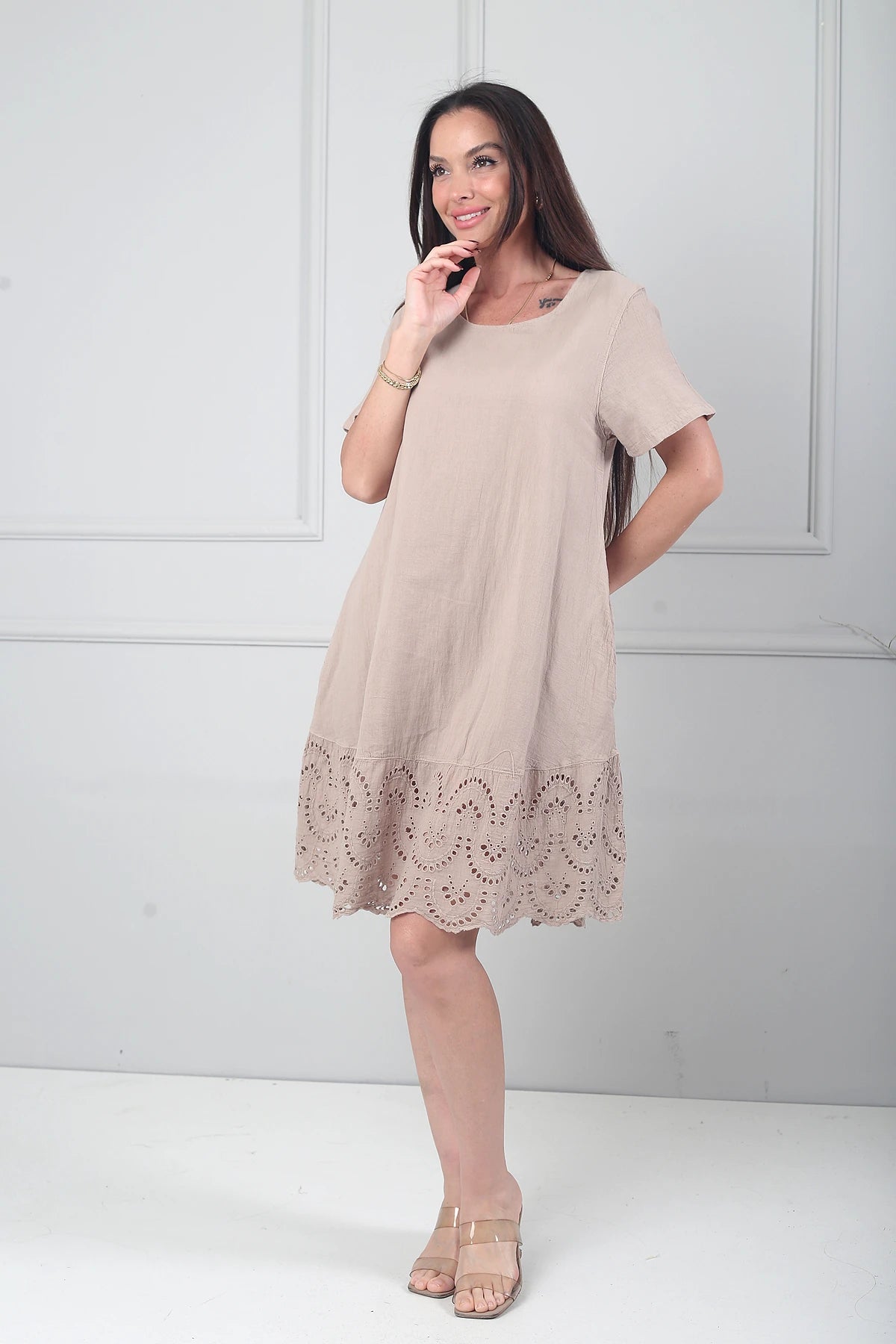 Image of Kadın İtalyan Kısa Kollu Eteği Fisto Astarlı Cepli Cotton Midi Elbise
